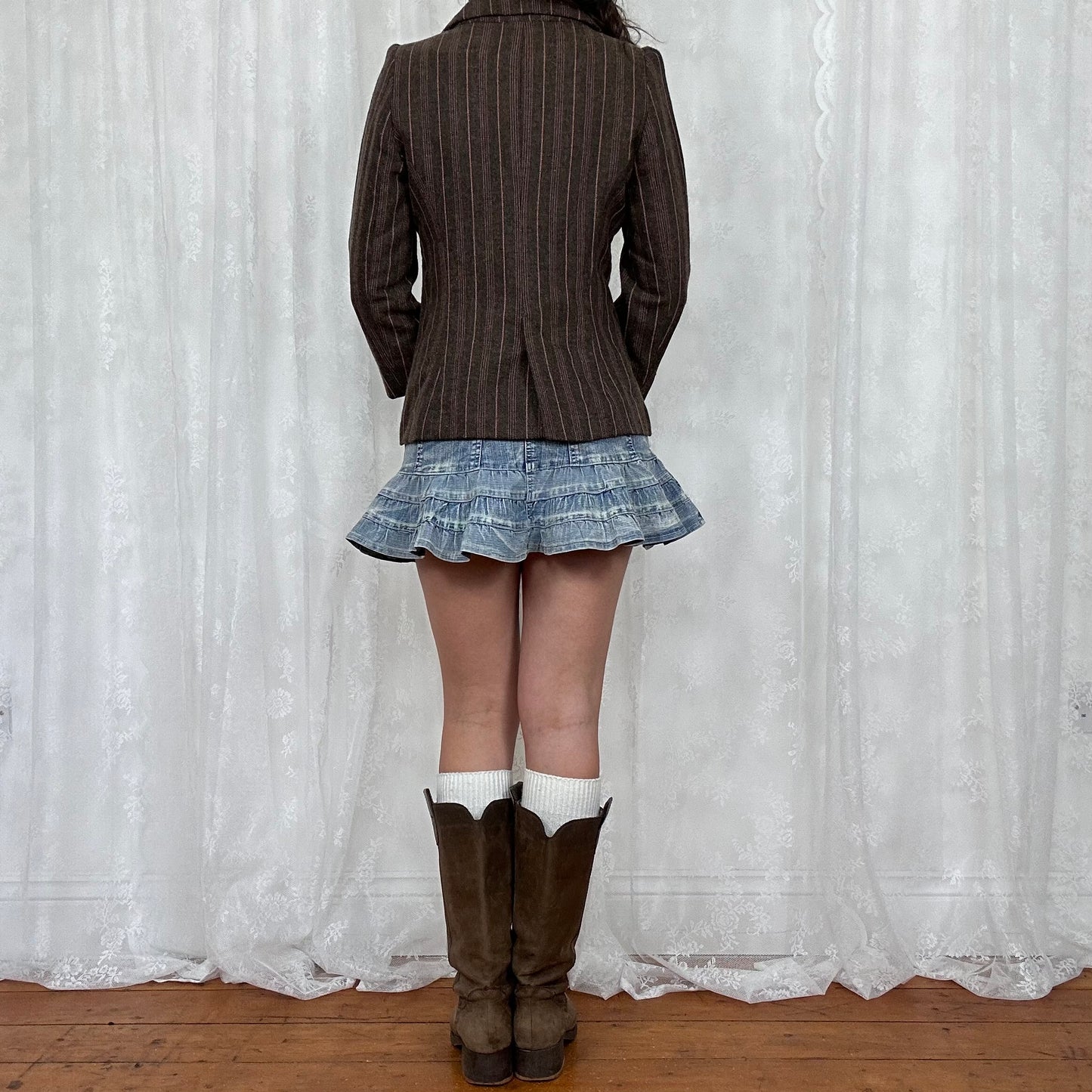 vintage 00s brown and pink striped peacoat jacket