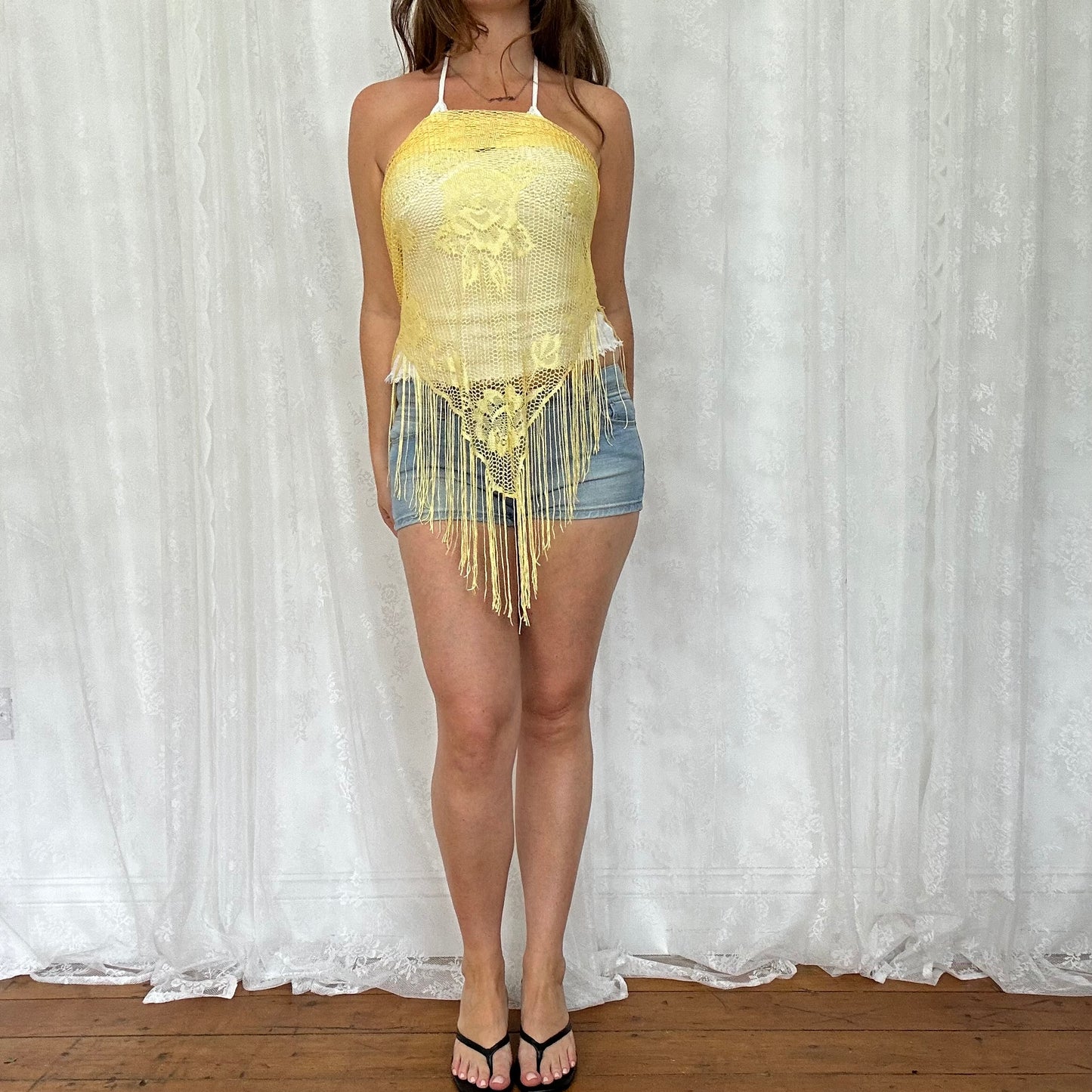 vintage 00s yellow crochet tassel wrap skirt / shawl