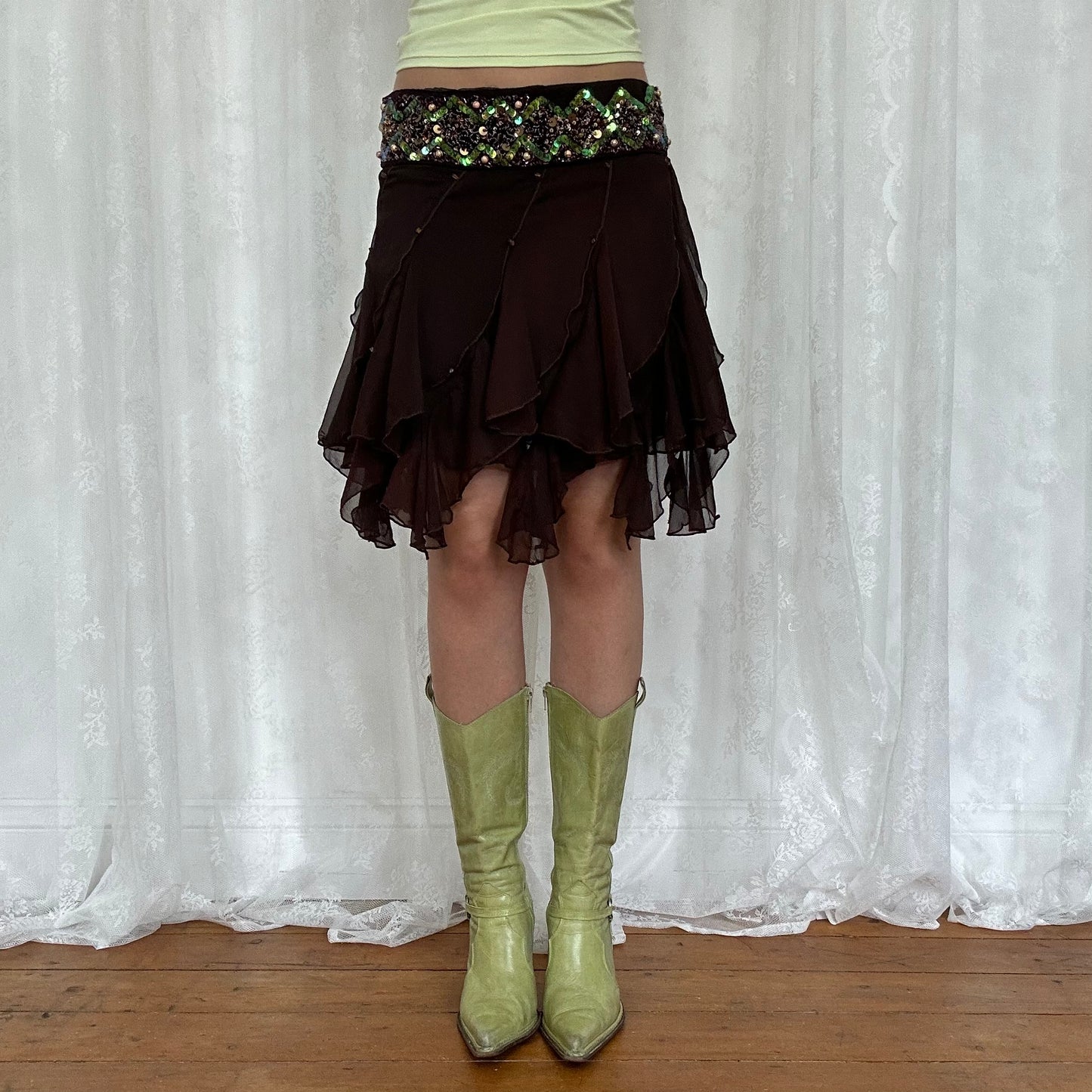 vintage 00s brown sequin frill mesh midi skirt