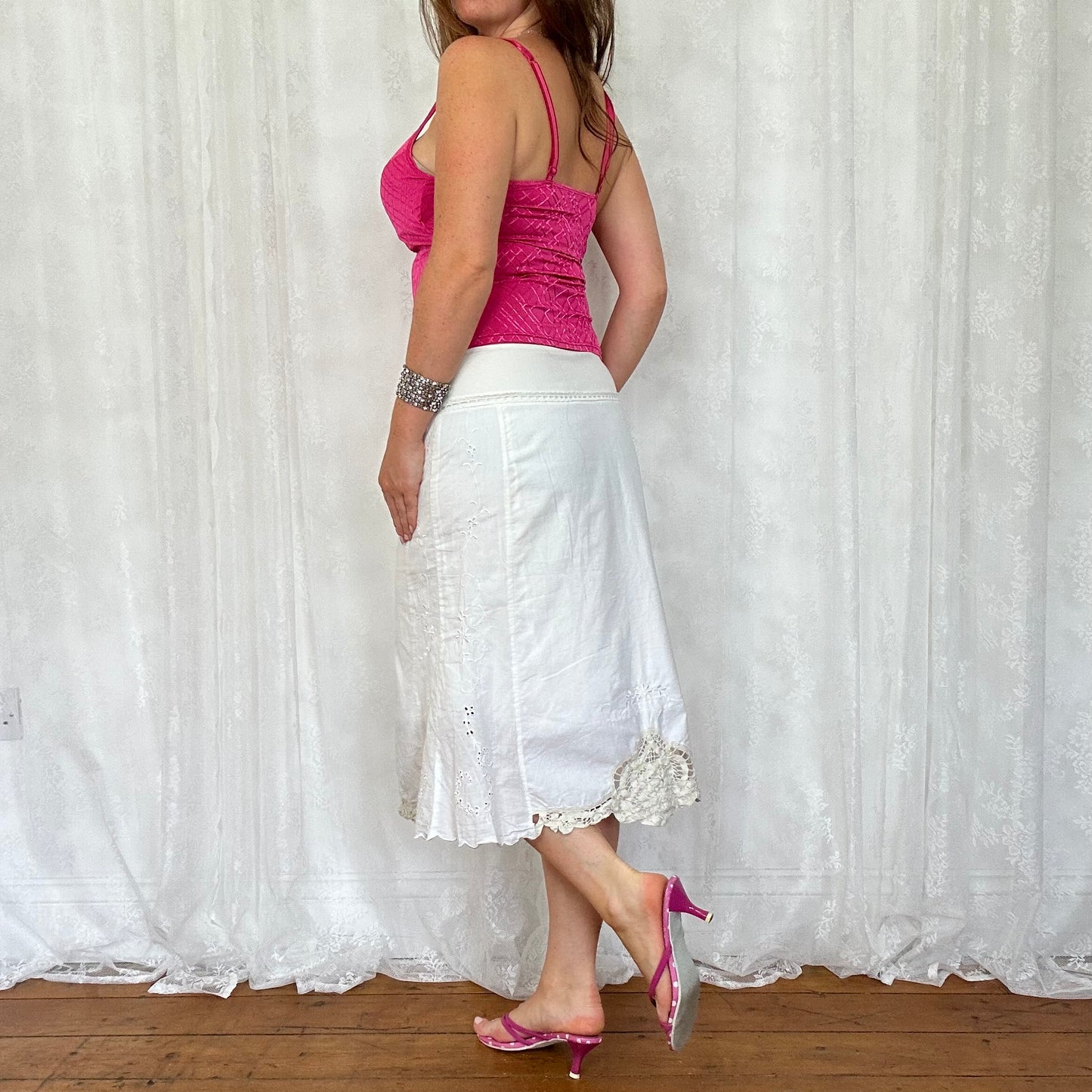 vintage 00s white broderie midi skirt with mother of pearl buttons