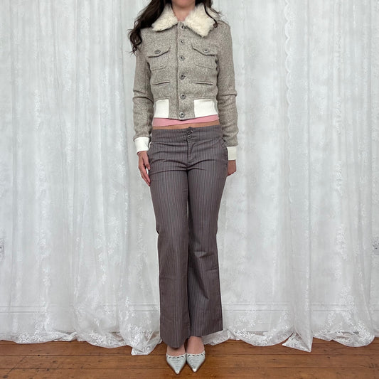 vintage 00s cream tweed button up jacket with faux fur collar