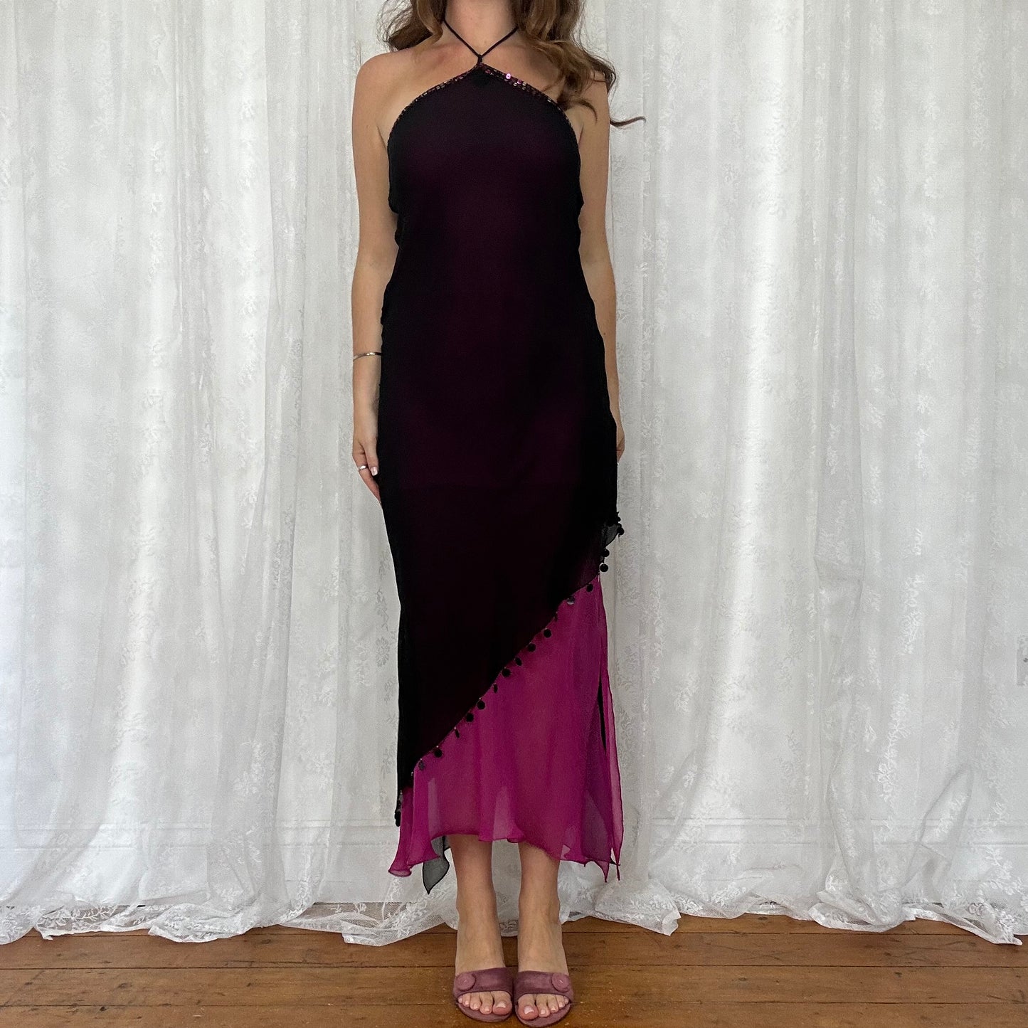 vintage 00s rene derhy pink and black sequin mesh midi dress