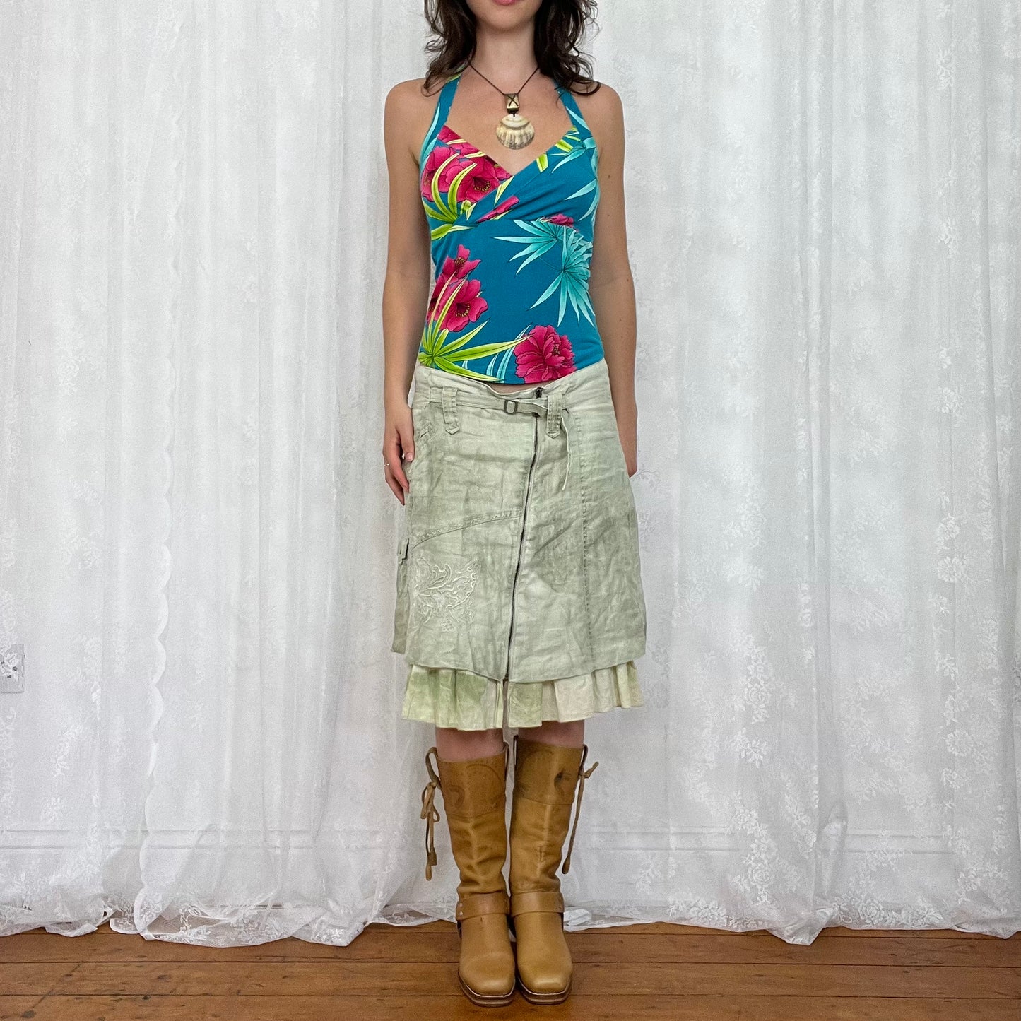 vintage 00s blue floral halterneck cami