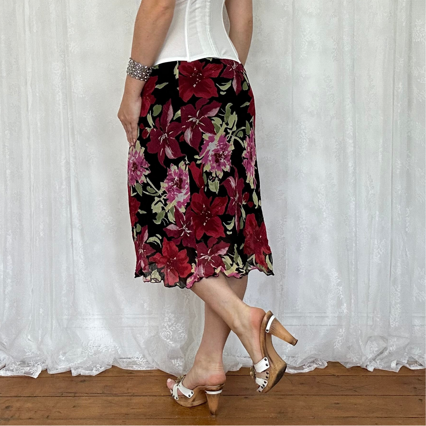 vintage 00s black floral mesh midi skirt