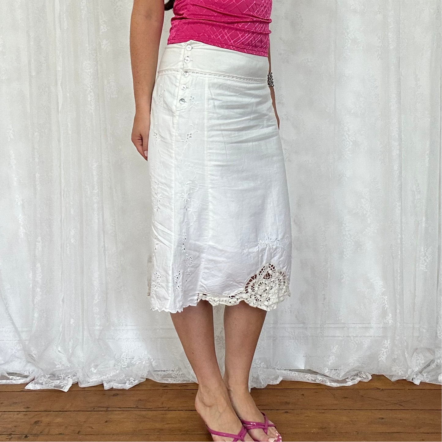vintage 00s white broderie midi skirt with mother of pearl buttons