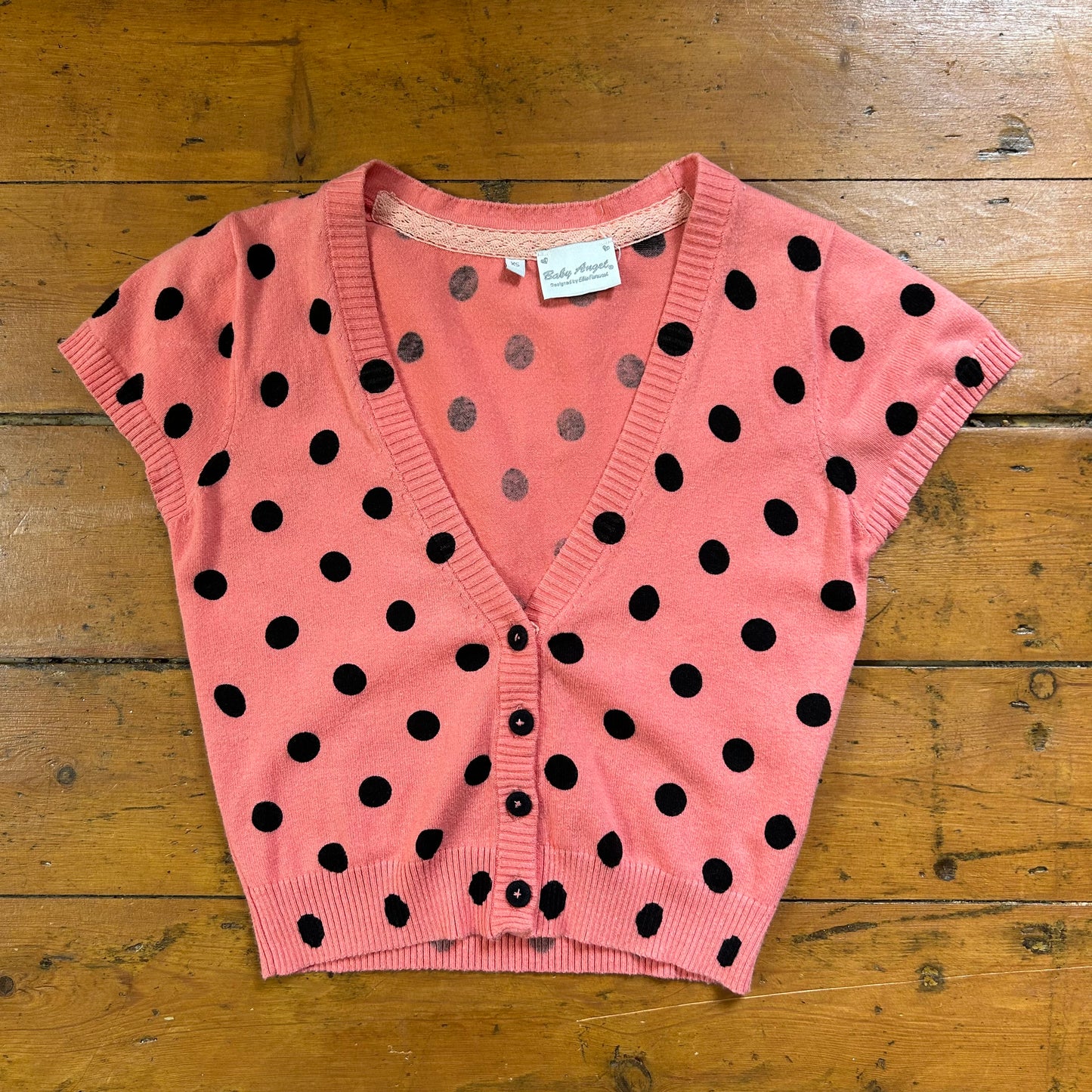 vintage 00s pink / orange and black polka dot crop cardigan