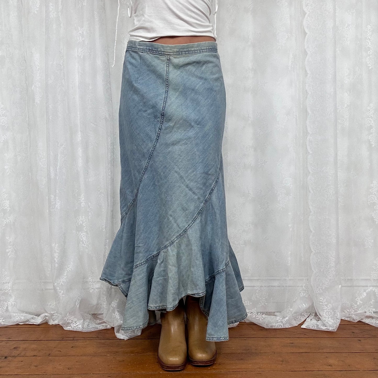 vintage 00s light wash denim pleated maxi skirt