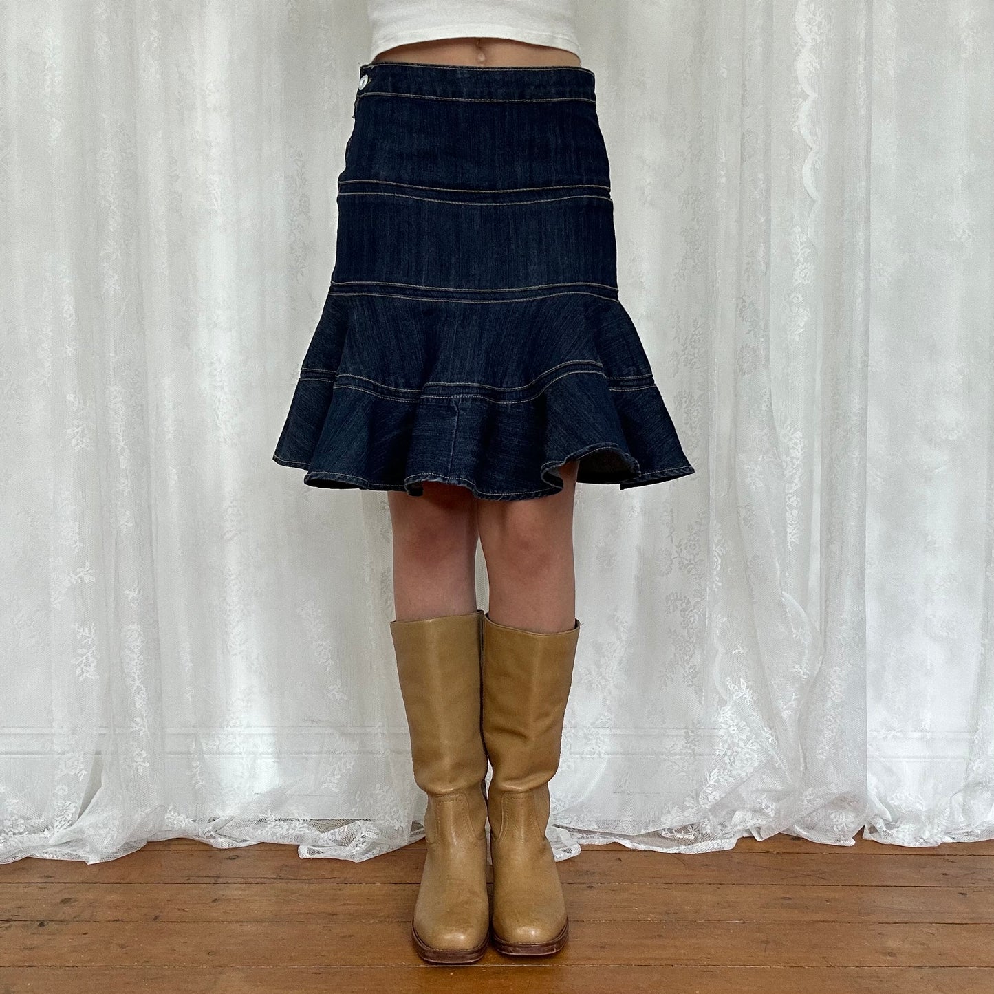 vintage 00s dark denim tiered midi skirt
