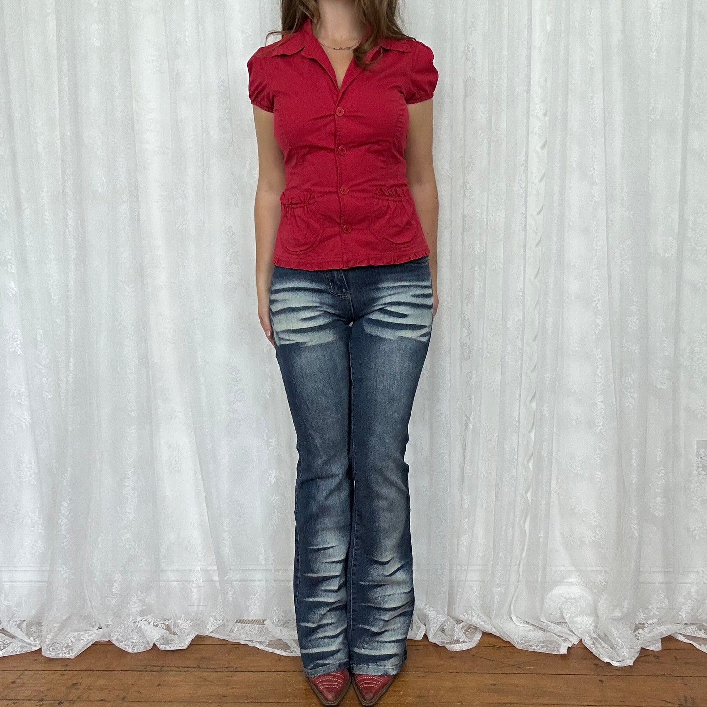 vintage 00s red short sleeve blazer style shirt
