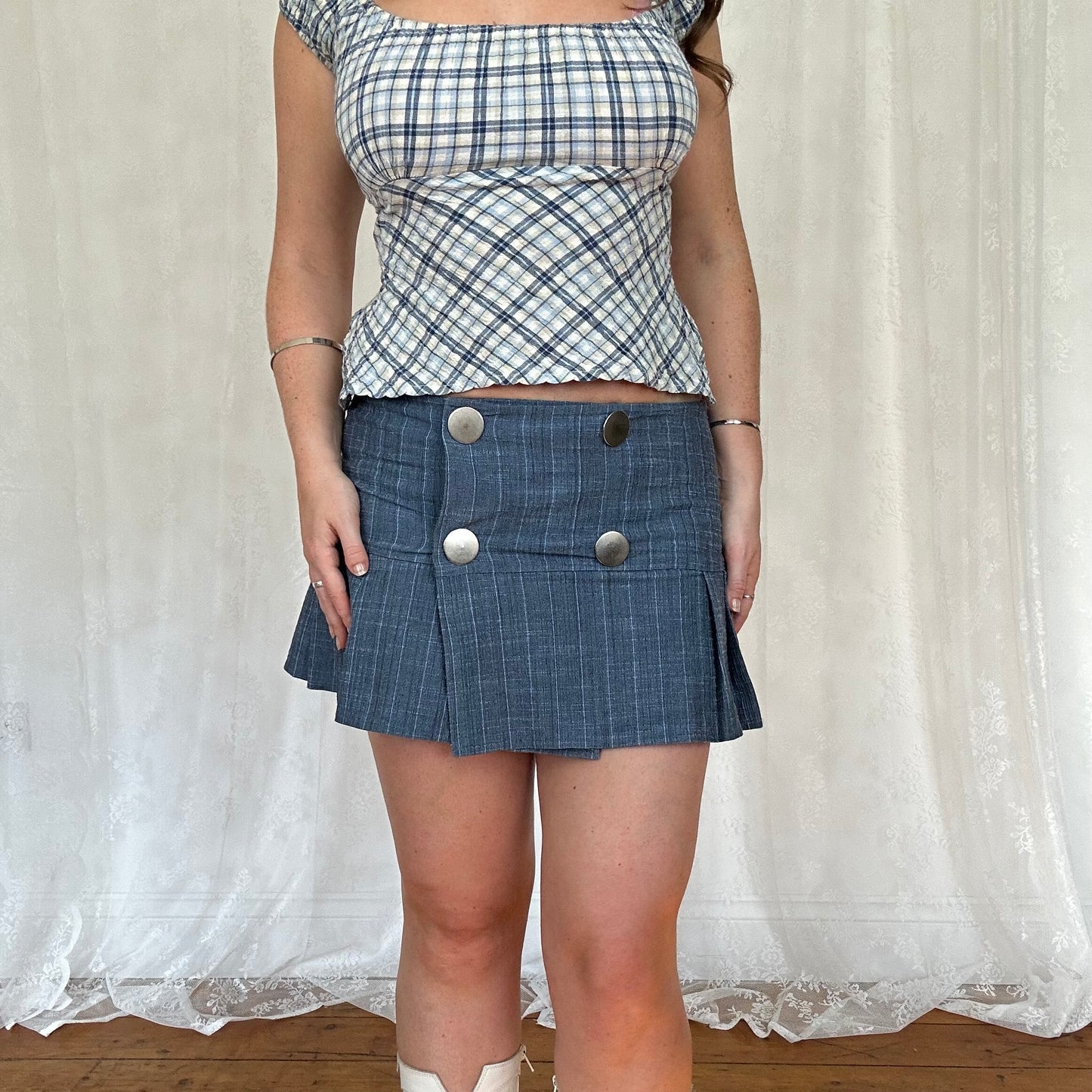 vintage 00s blue check button mini skirt