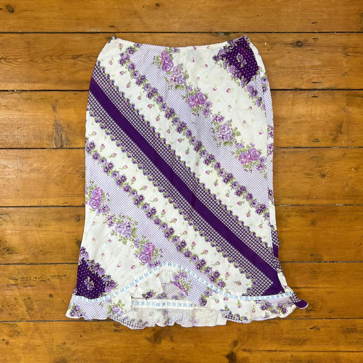 vintage 00s purple floral patchwork asymmetrical midi skirt