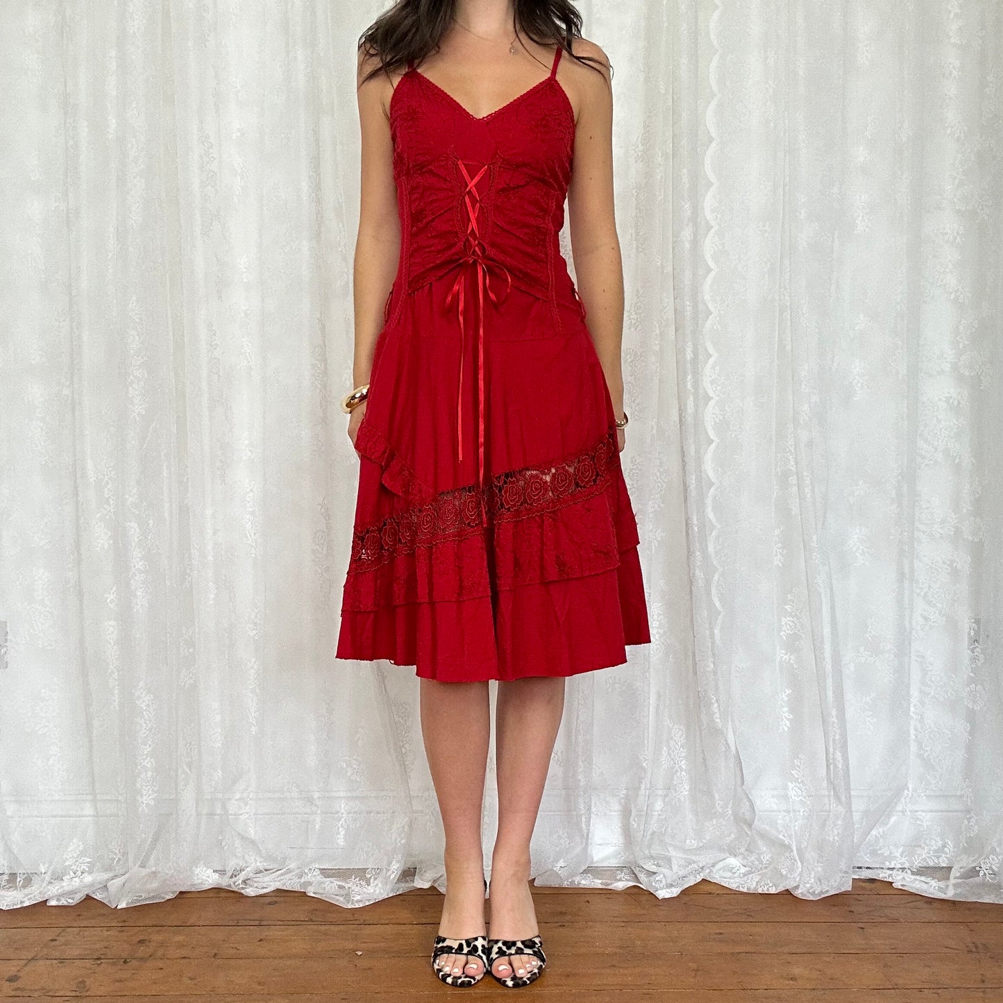 vintage 00s red corset tie up summer dress
