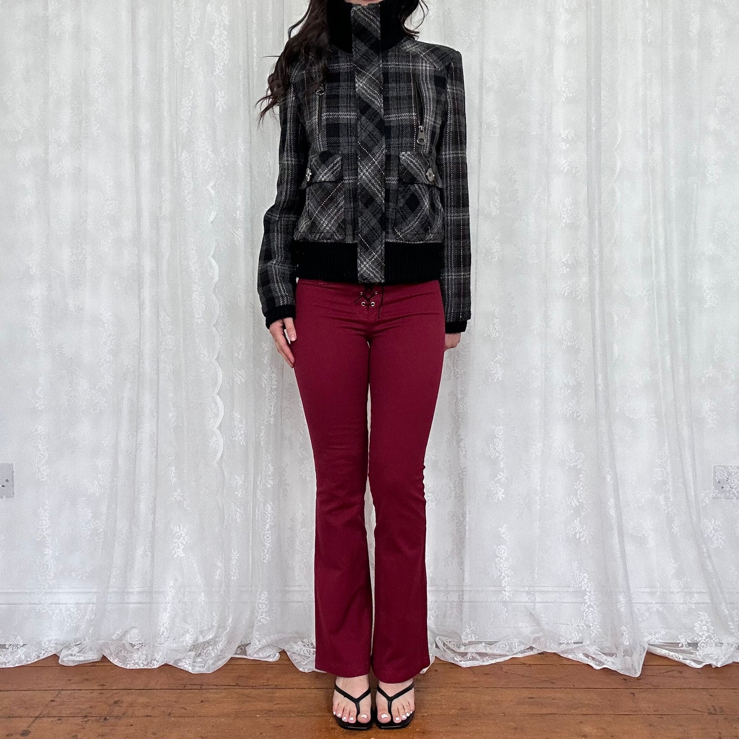 vintage 00s grey and black checkered wool bomber jacket