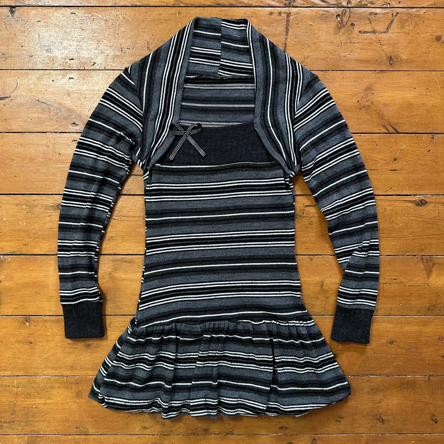 vintage 00s grey striped bubble hem mini dress with inbuilt shrug