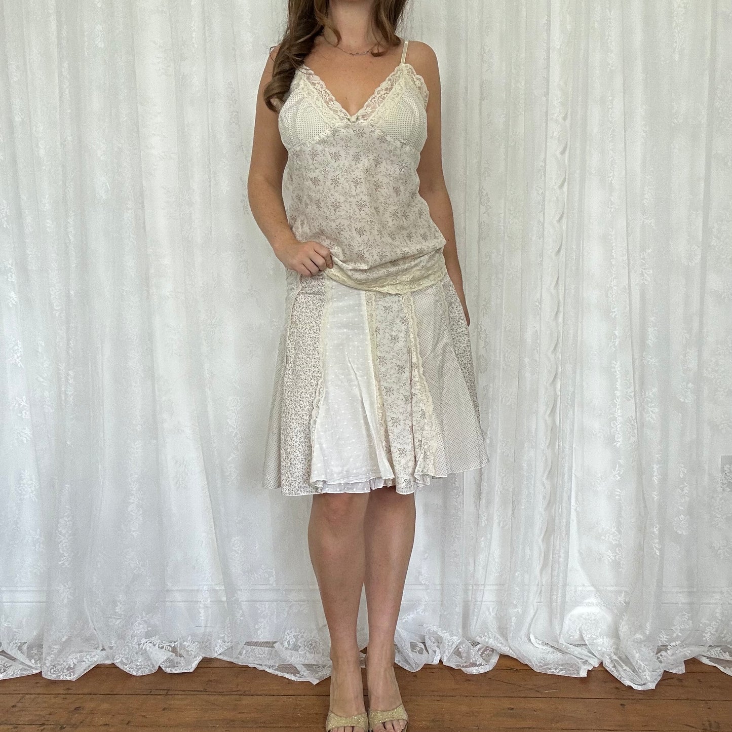 vintage 00s cream lace floral cami and skirt co ord