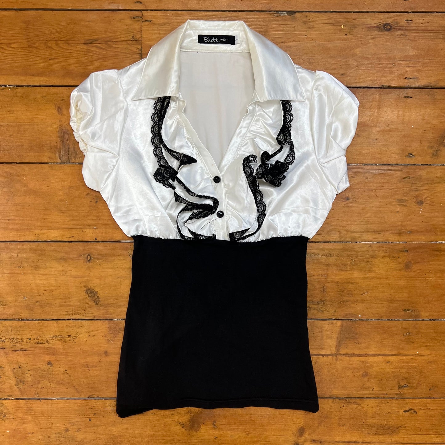 vintage 00s white and black satin ruffle top