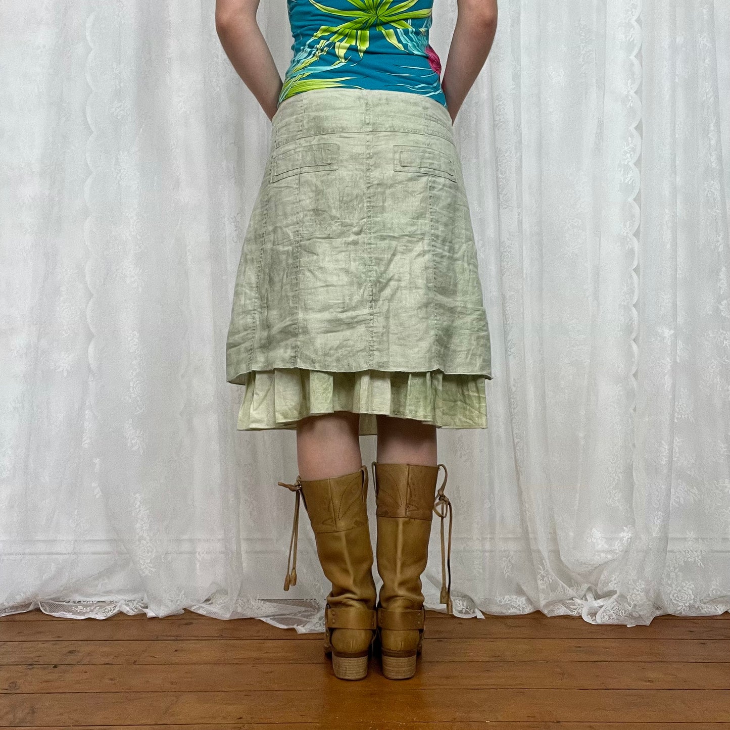 vintage 00s green embroidered midi skirt with belt