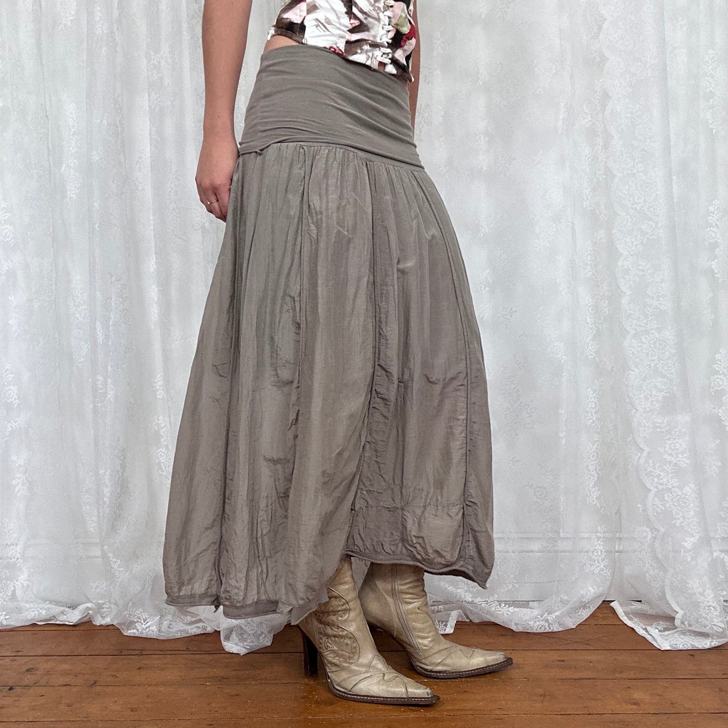 vintage 00s grey / brown maxi skirt with foldover waist