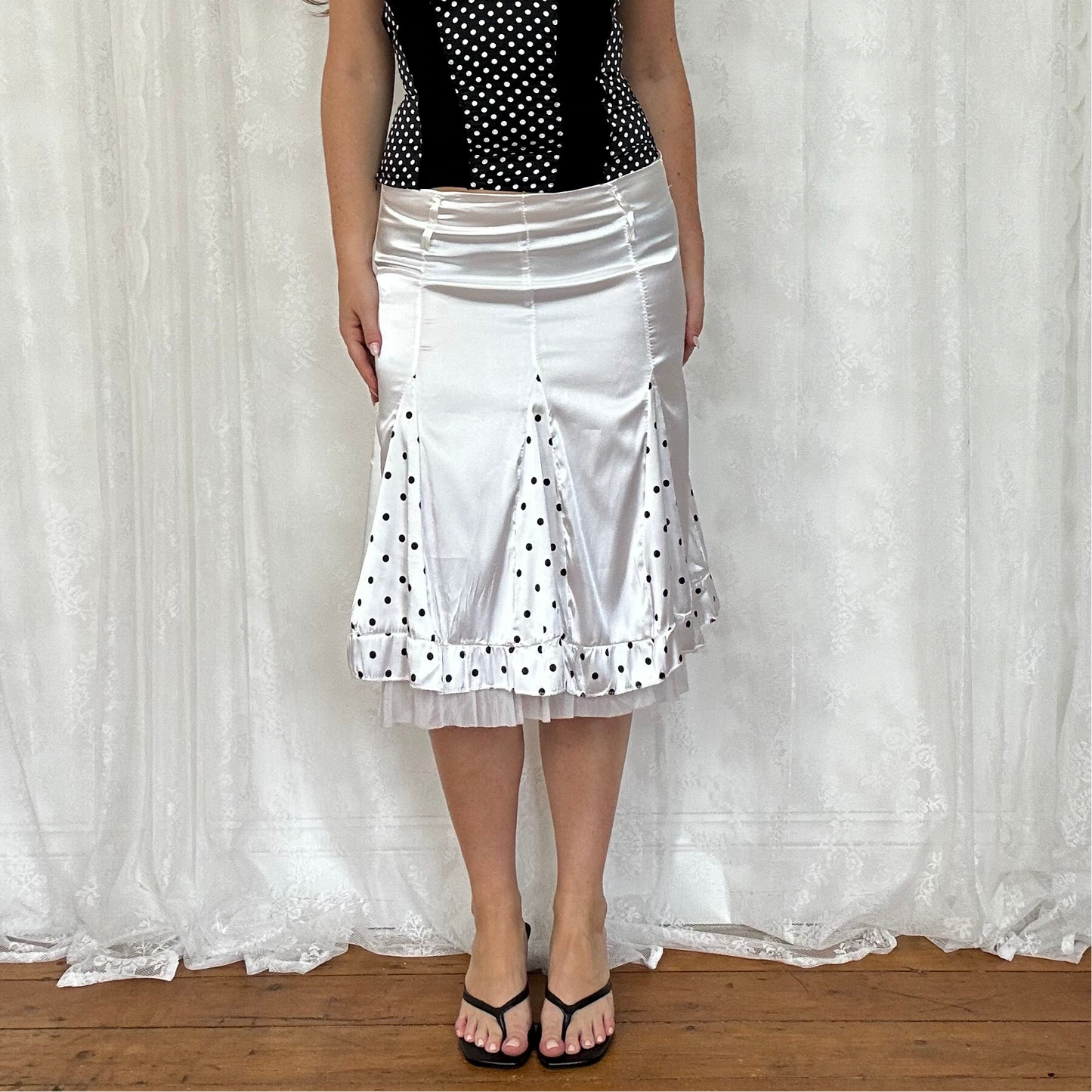 vintage 00s white satin midi skirt with polka dot trim