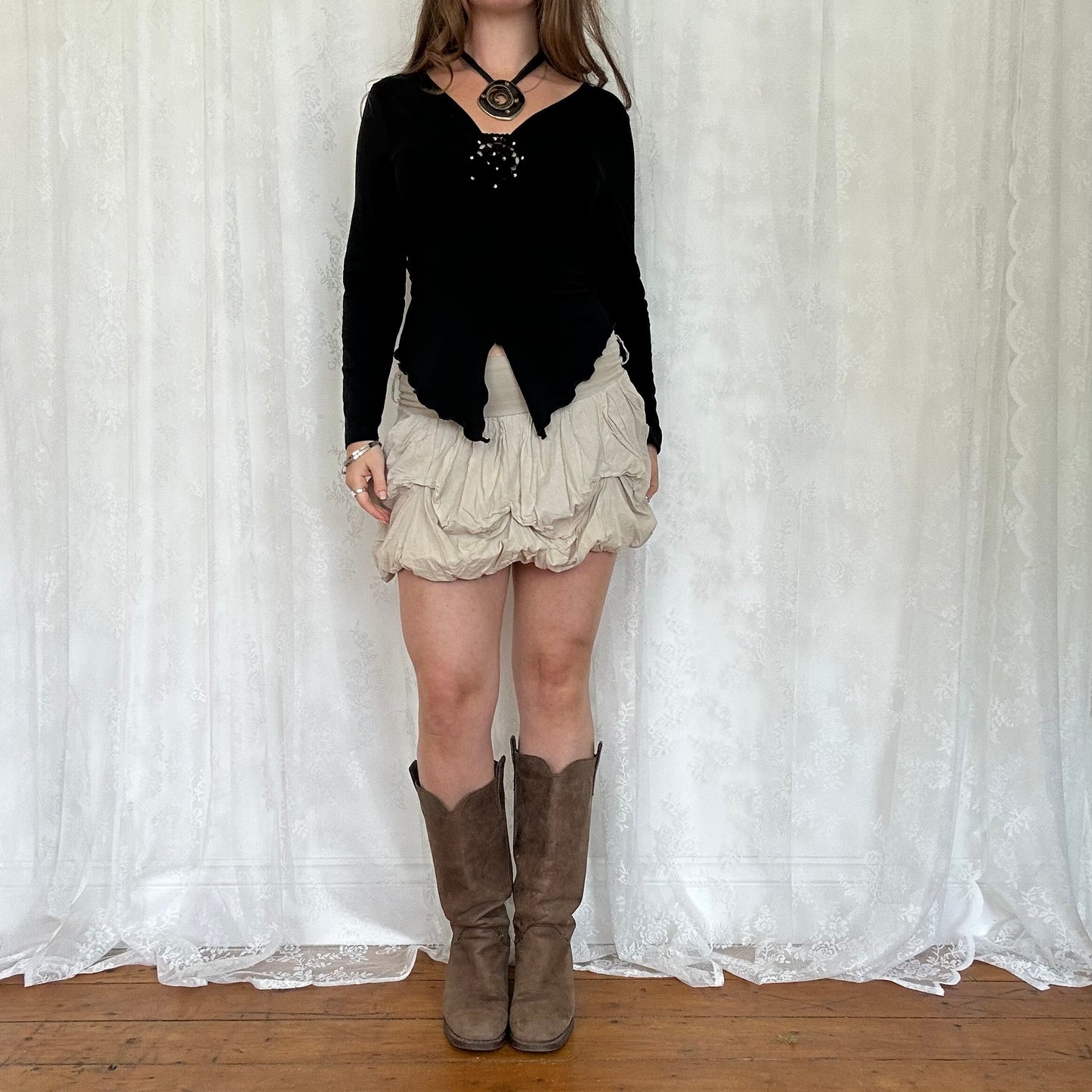 vintage 00s black long sleeve top with crochet flower detail
