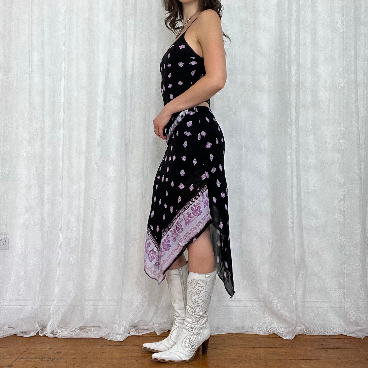 vintage 00s black and purple beaded top and handkerchief skirt co ord