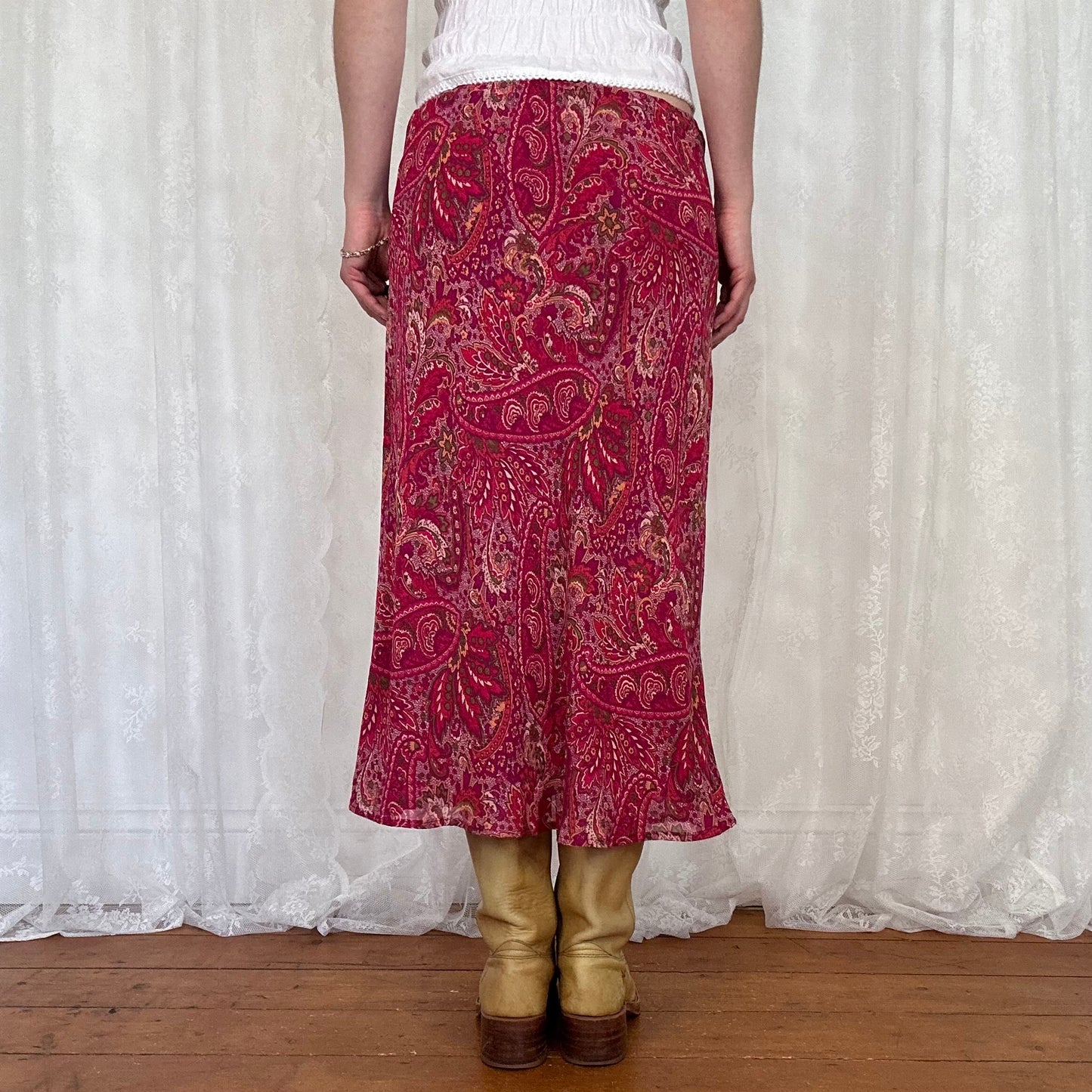 vintage 00s pink paisley print midi skirt