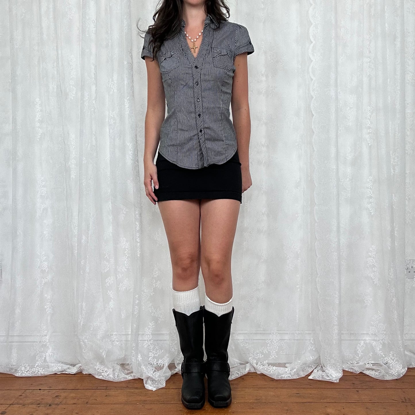 vintage 00s grey and black striped shirt with bow pockets