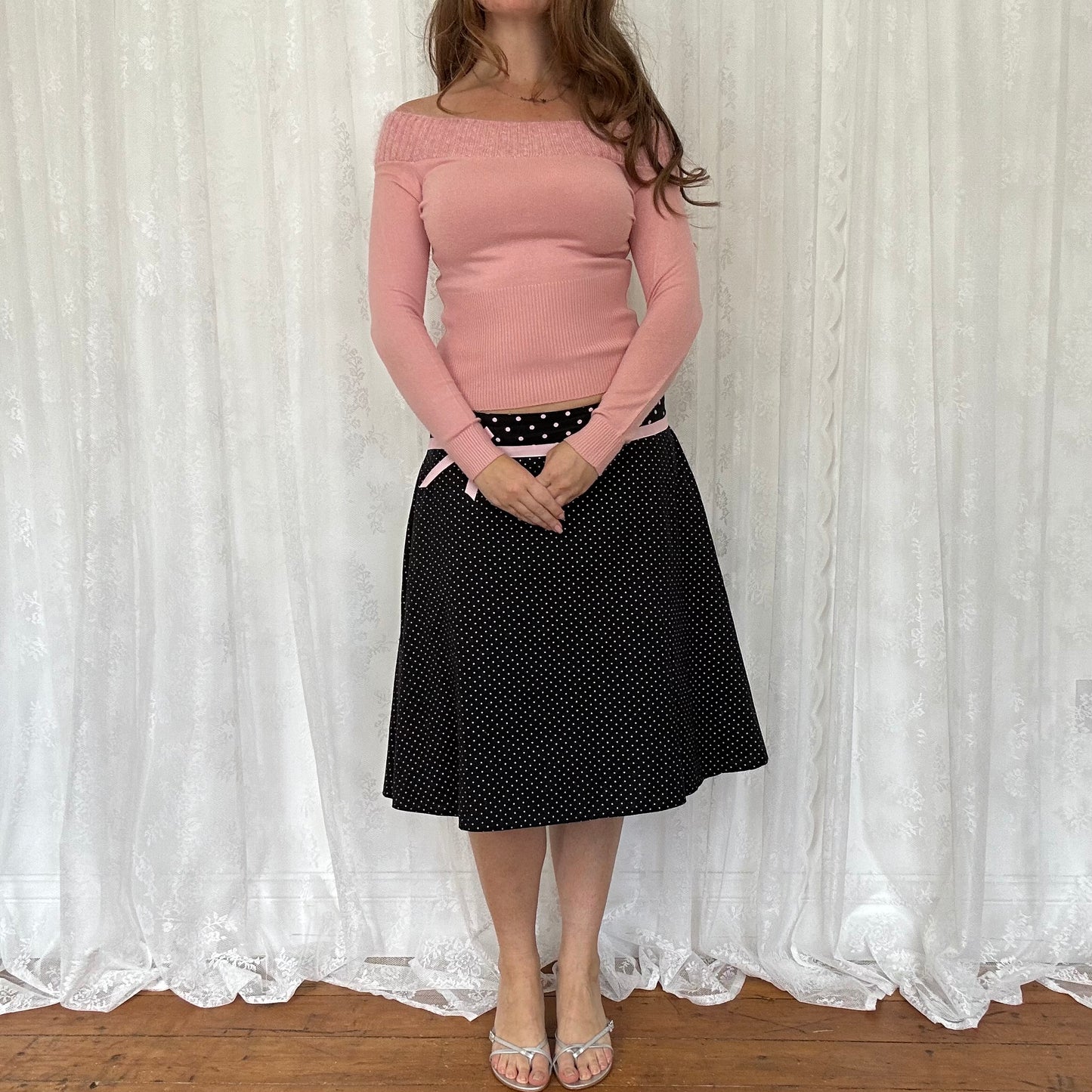 vintage 00s baby pink off the shoulder jumper