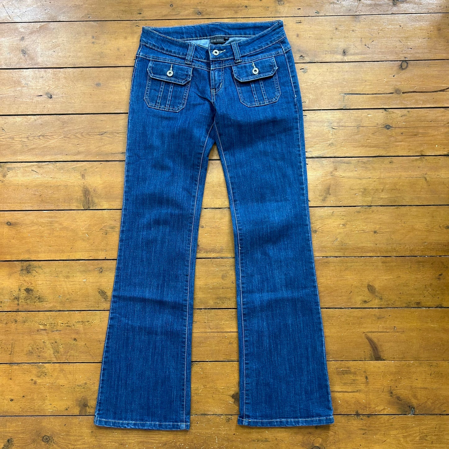 vintage 00s dark denim double pocket low rise flared jeans