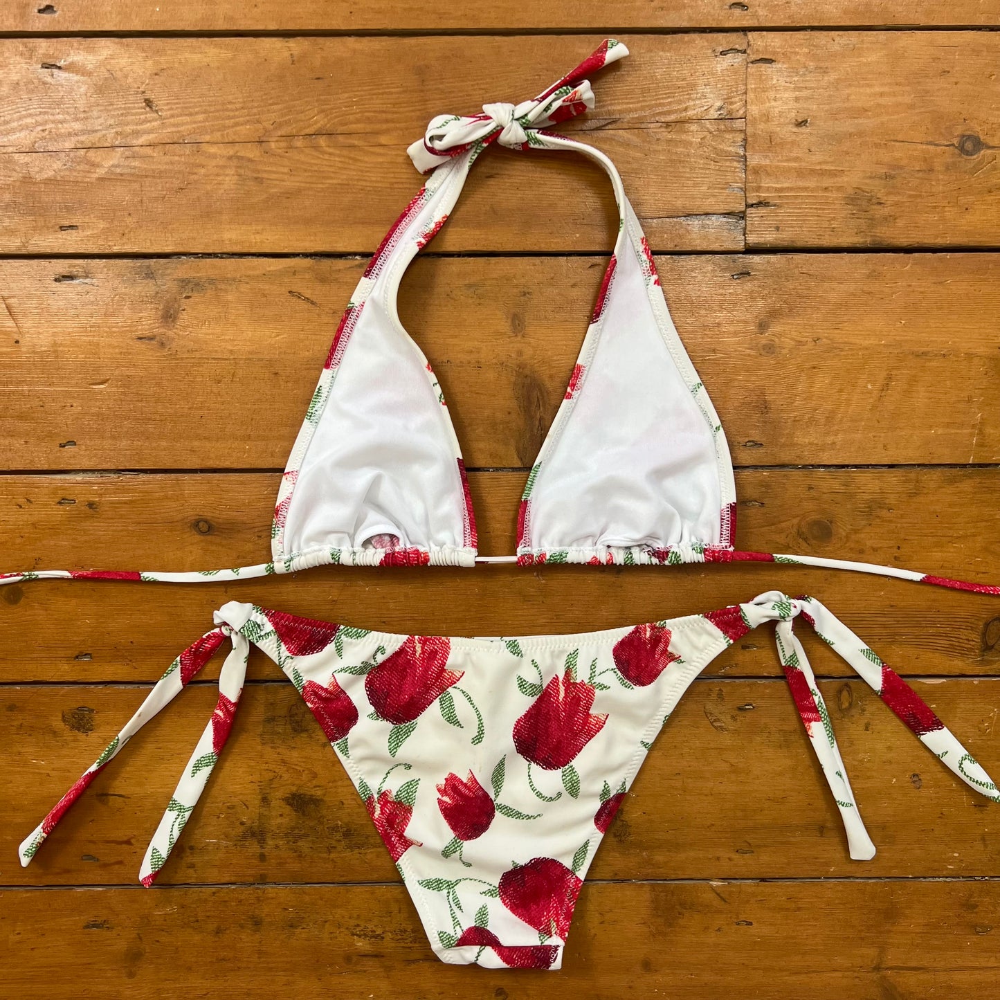 vintage 00s white and red beaded floral bikini set