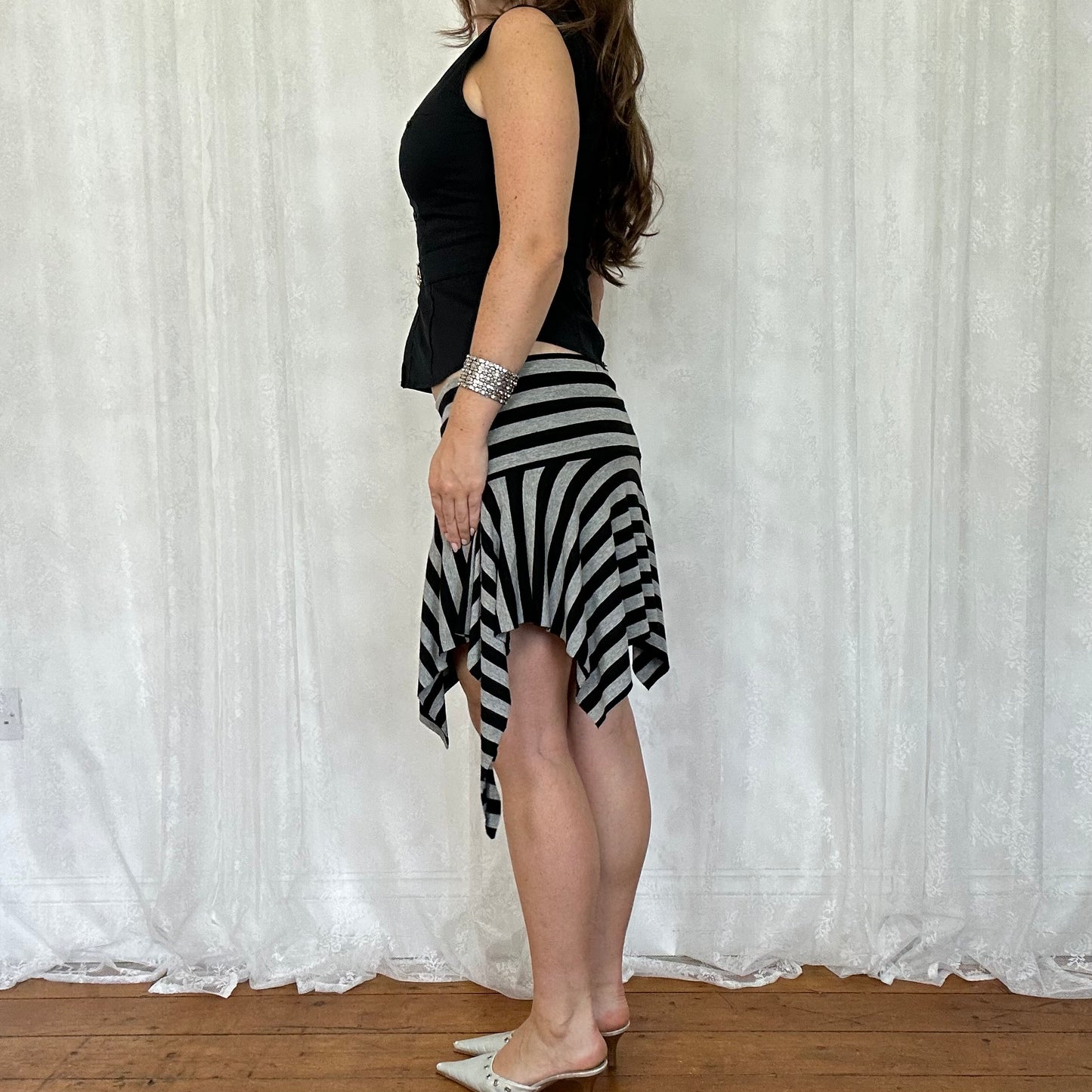 vintage 00s pimkie black and grey stripey asymmetrical mini skirt