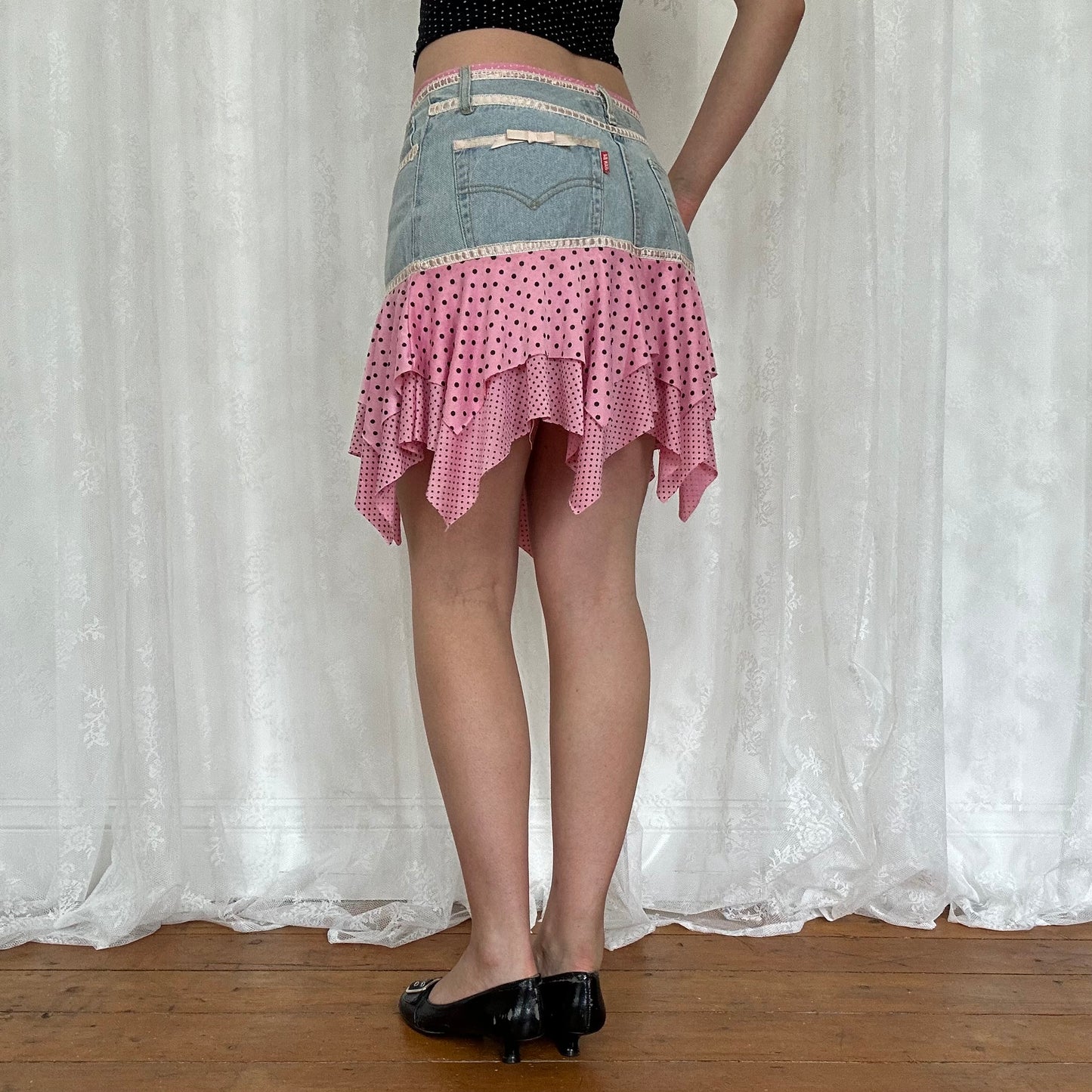 vintage 00s pink and black polka dot denim mini skirt
