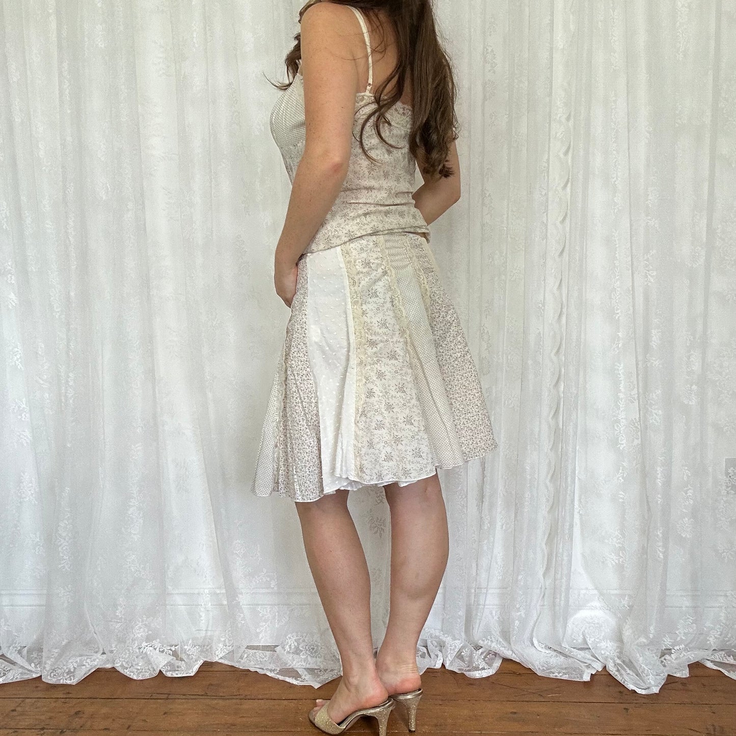 vintage 00s cream lace floral cami and skirt co ord