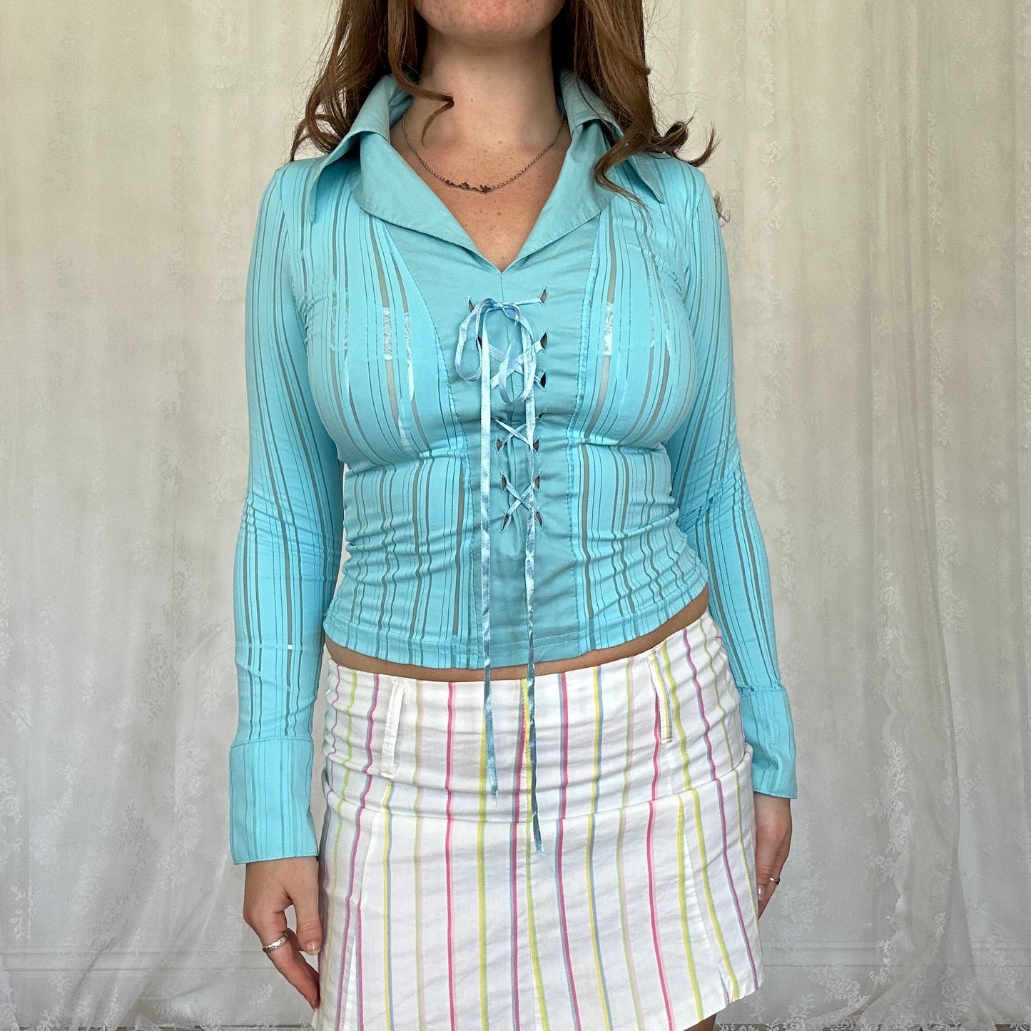 vintage 00s blue collared long sleeve corset tie front top