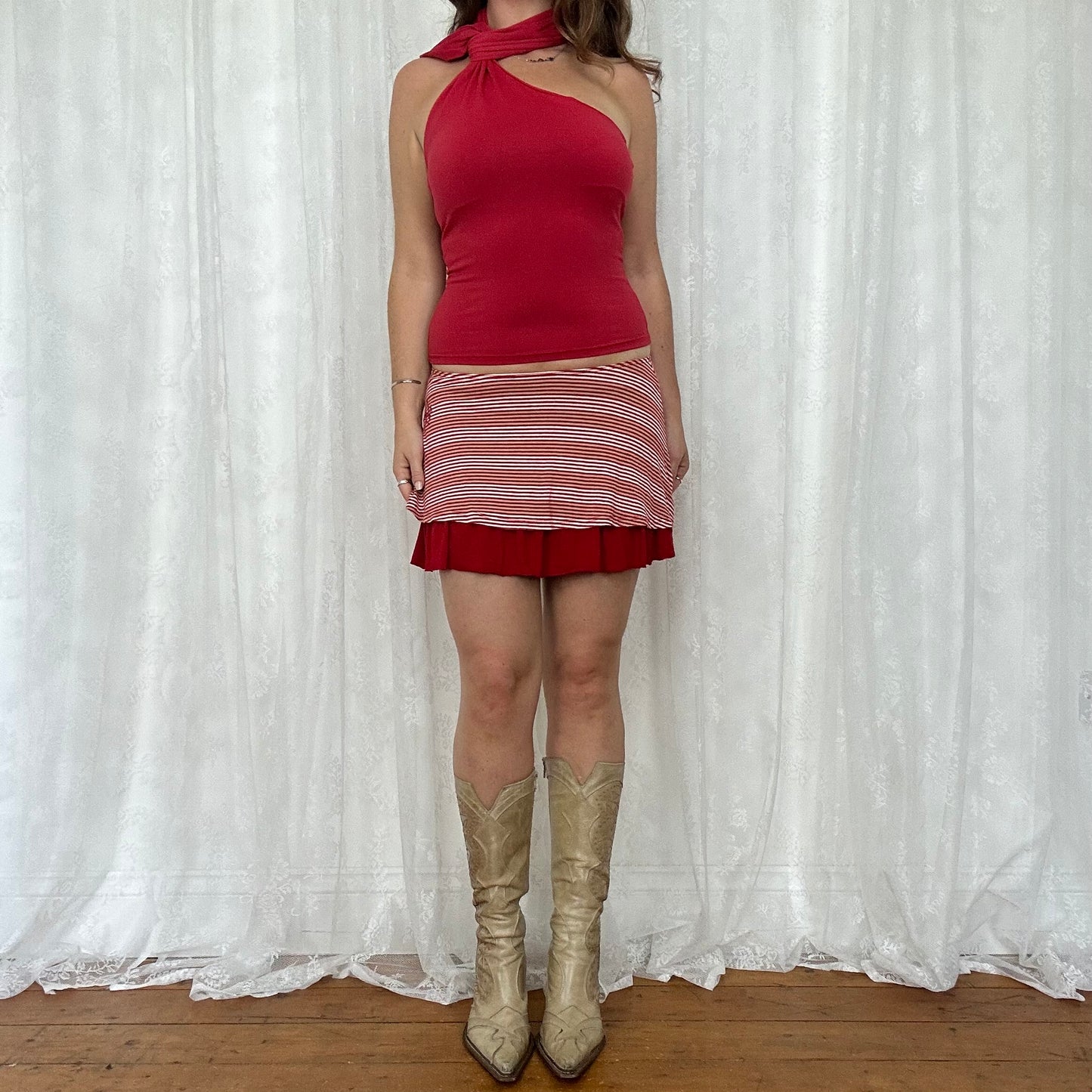 vintage 00s red and beige striped mini skirt
