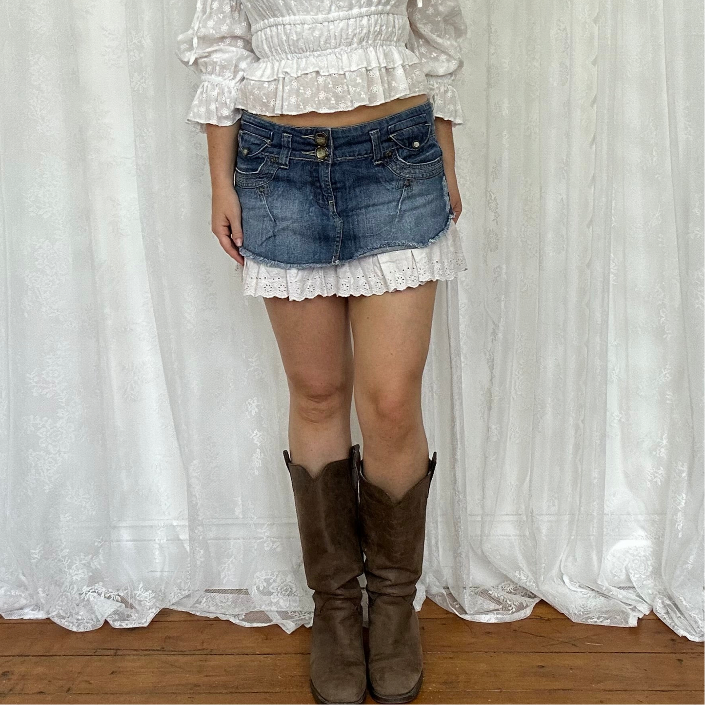 vintage 00s denim mini skirt with broderie trim