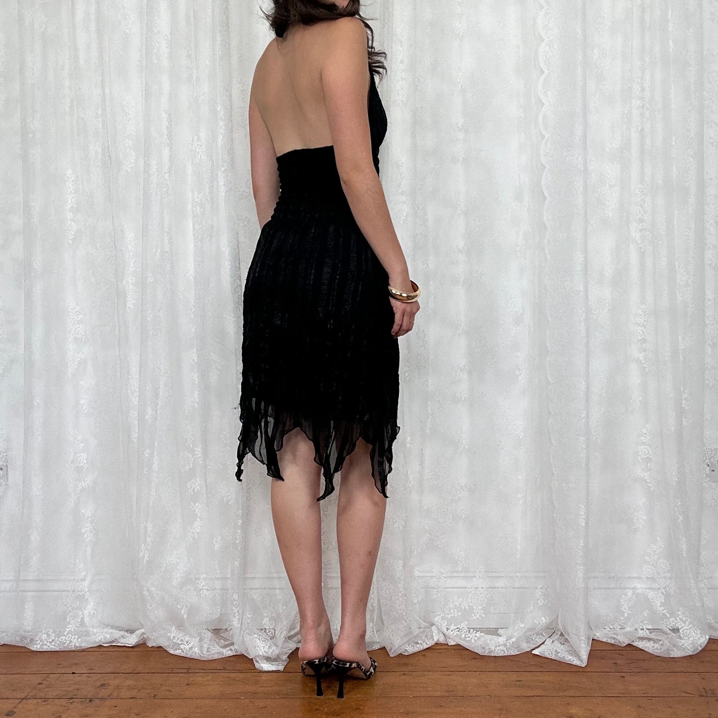 vintage 00s black shirred halter midi dress