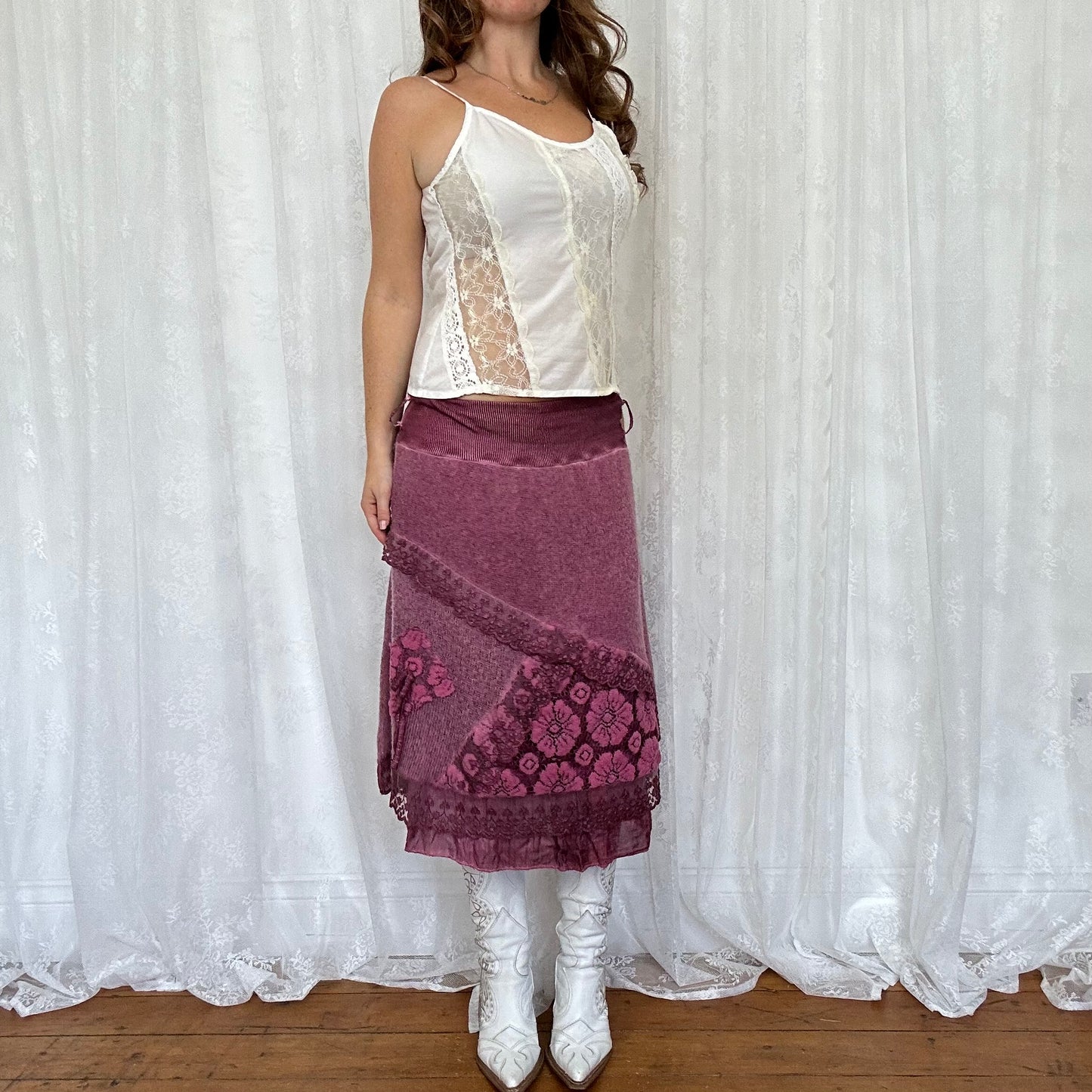 vintage 00s purple knitted lace midi skirt