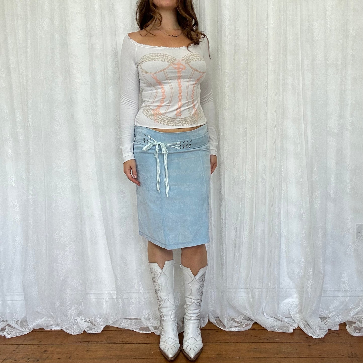 vintage 00s baby blue suede midi skirt