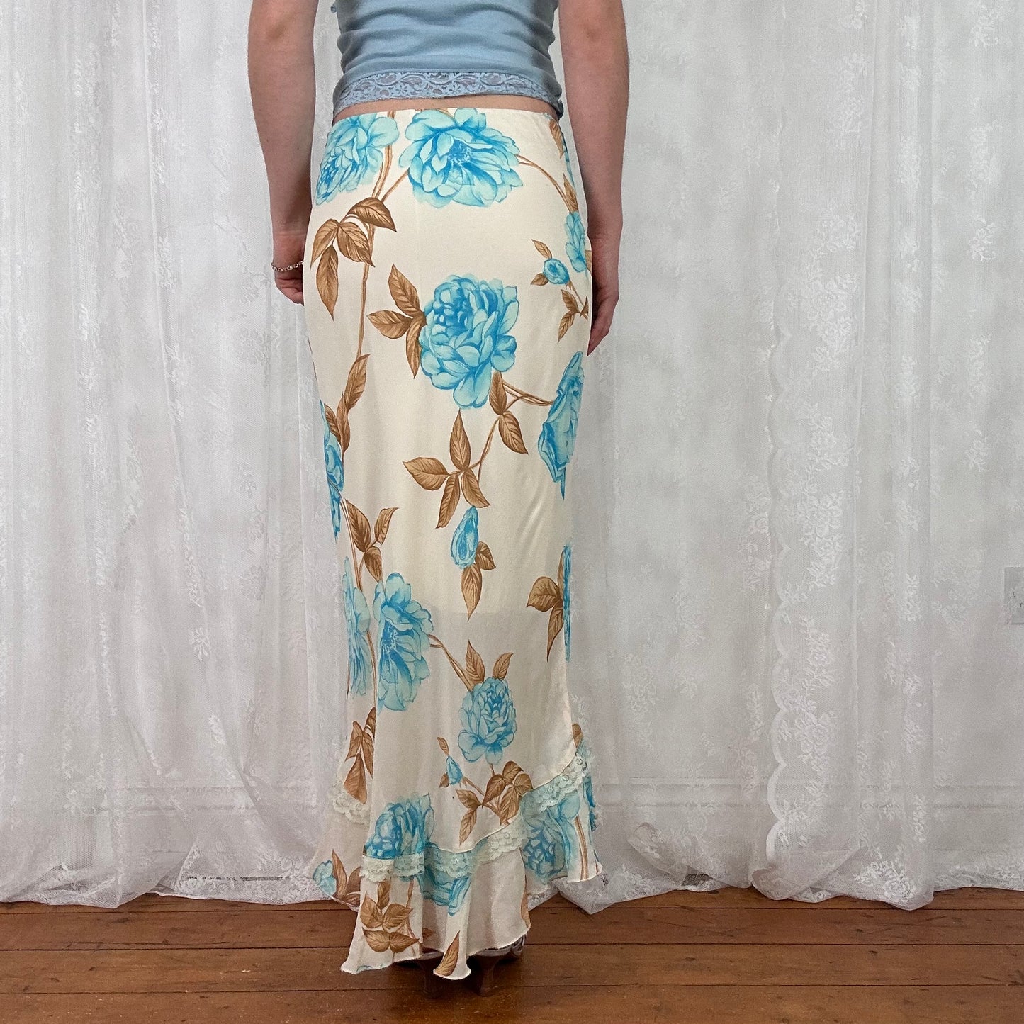 vintage 00s beige and blue floral mesh midi skirt