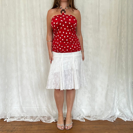 vintage 00s red polka dot halterneck top with beaded o ring details