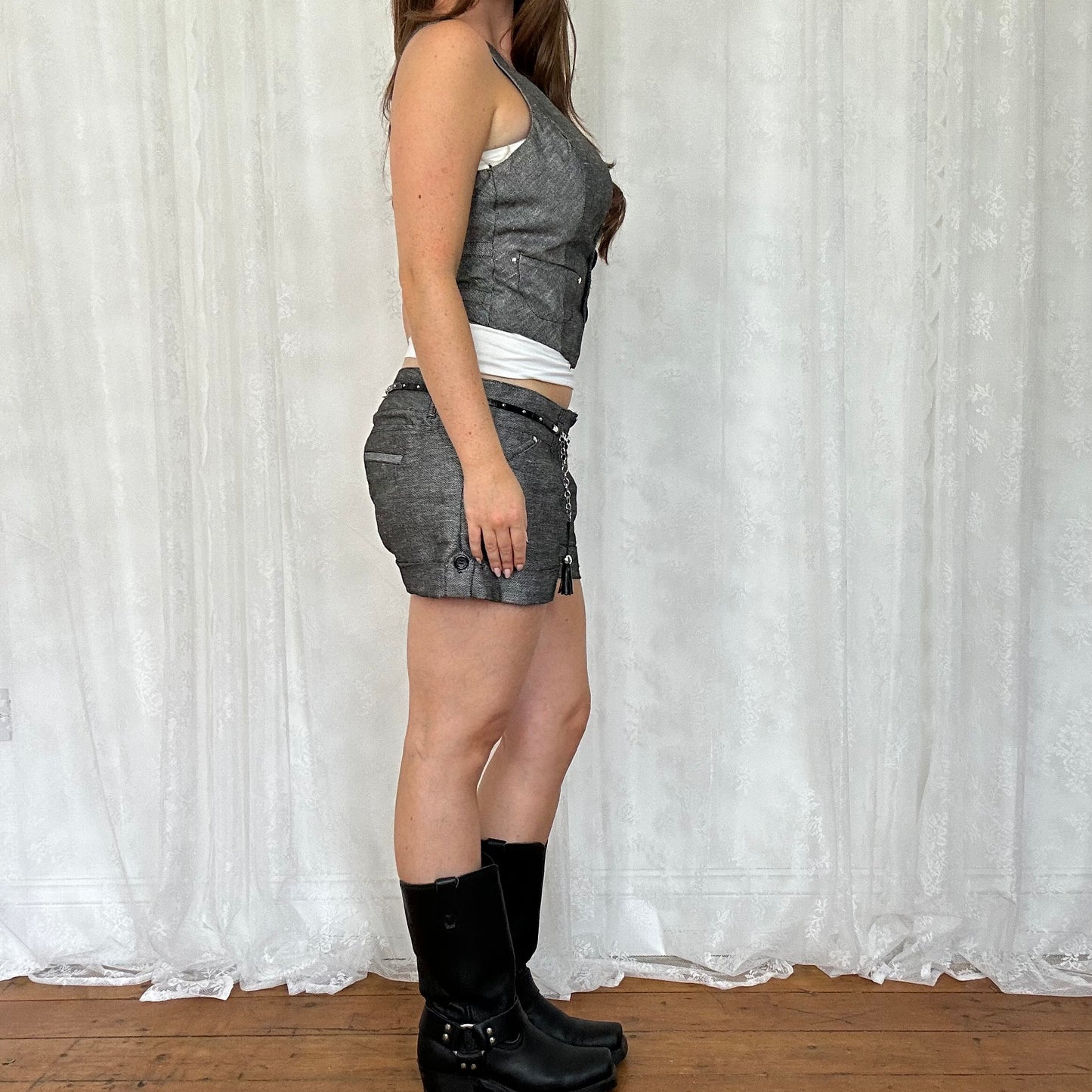 vintage 00s grey waistcoat and shorts co ord