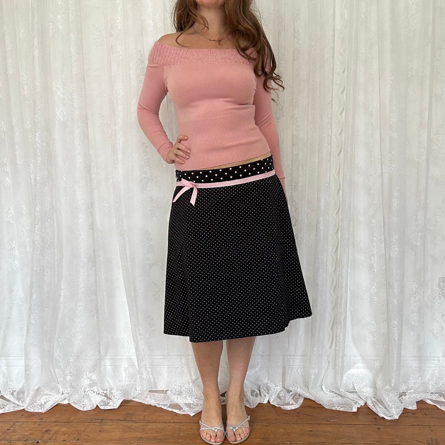 vintage 00s black and pink polka dot midi skirt