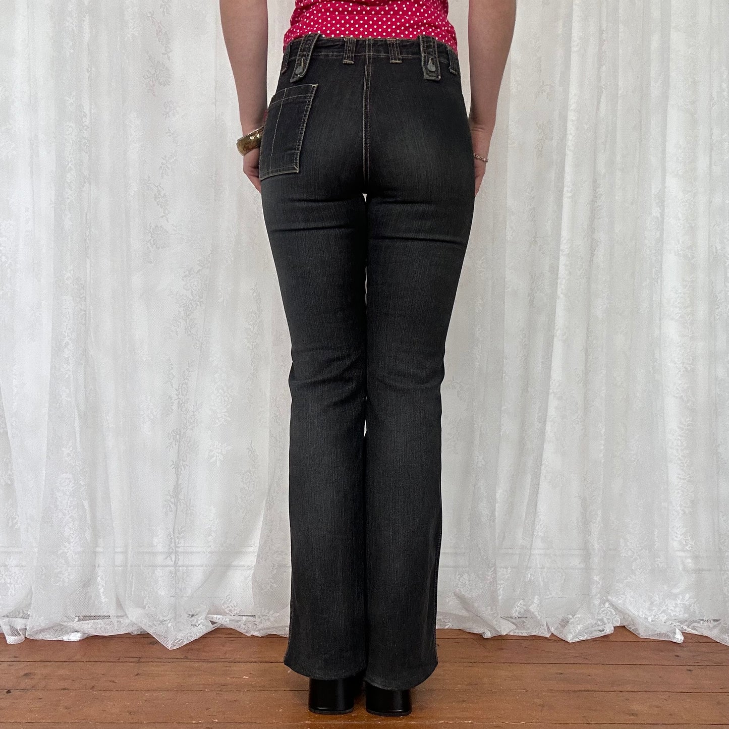 vintage 00s washed black low rise flared jeans