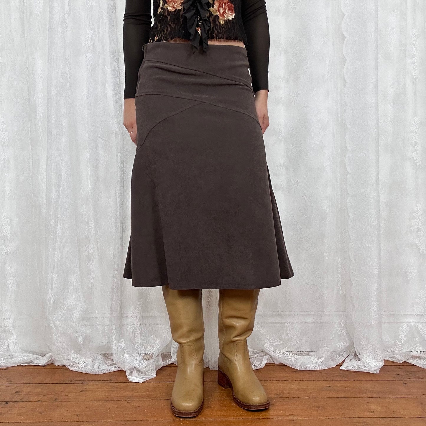 vintage 00s brown suedette midi skirt
