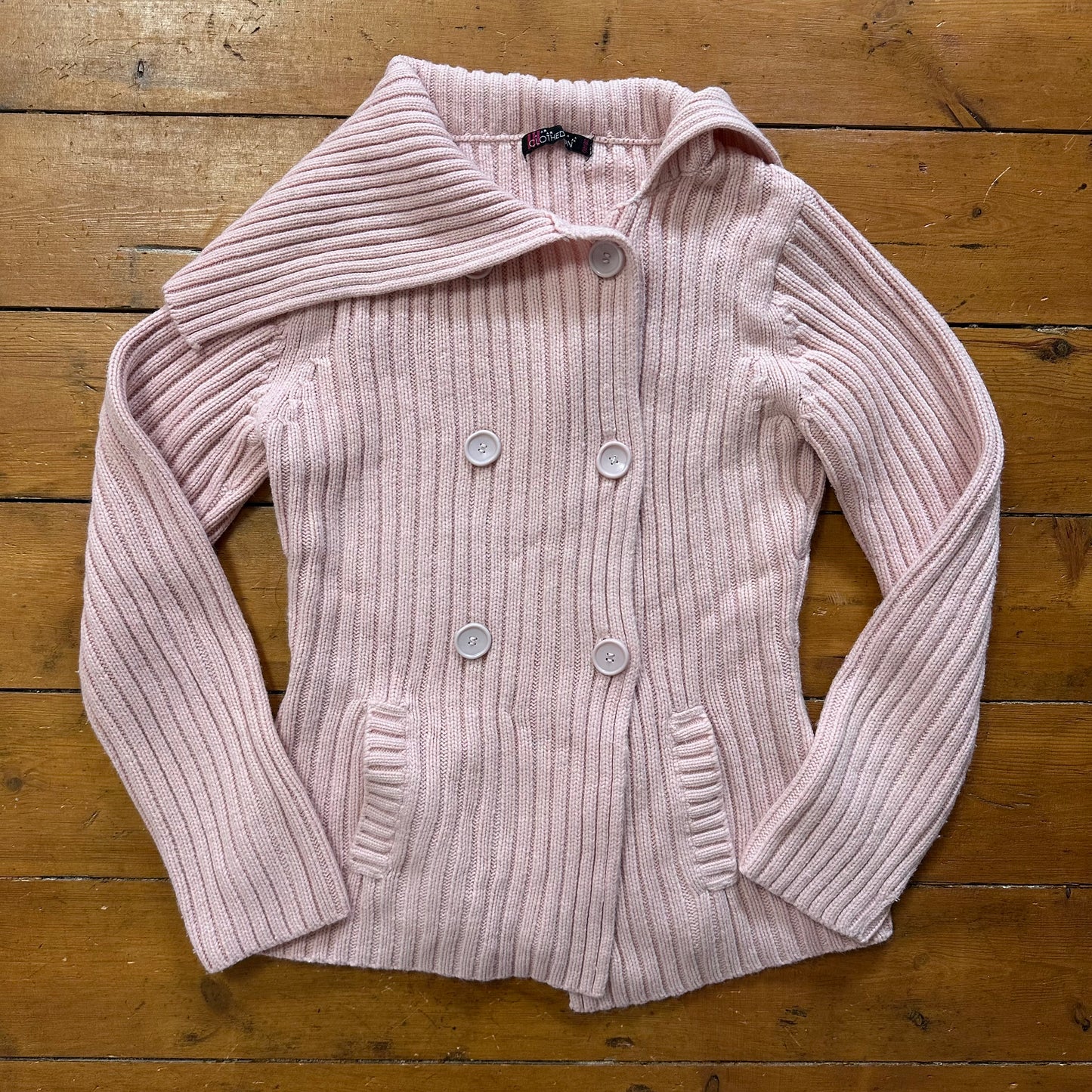vintage 00s baby pink chunky ribbed jumper with oversized collar