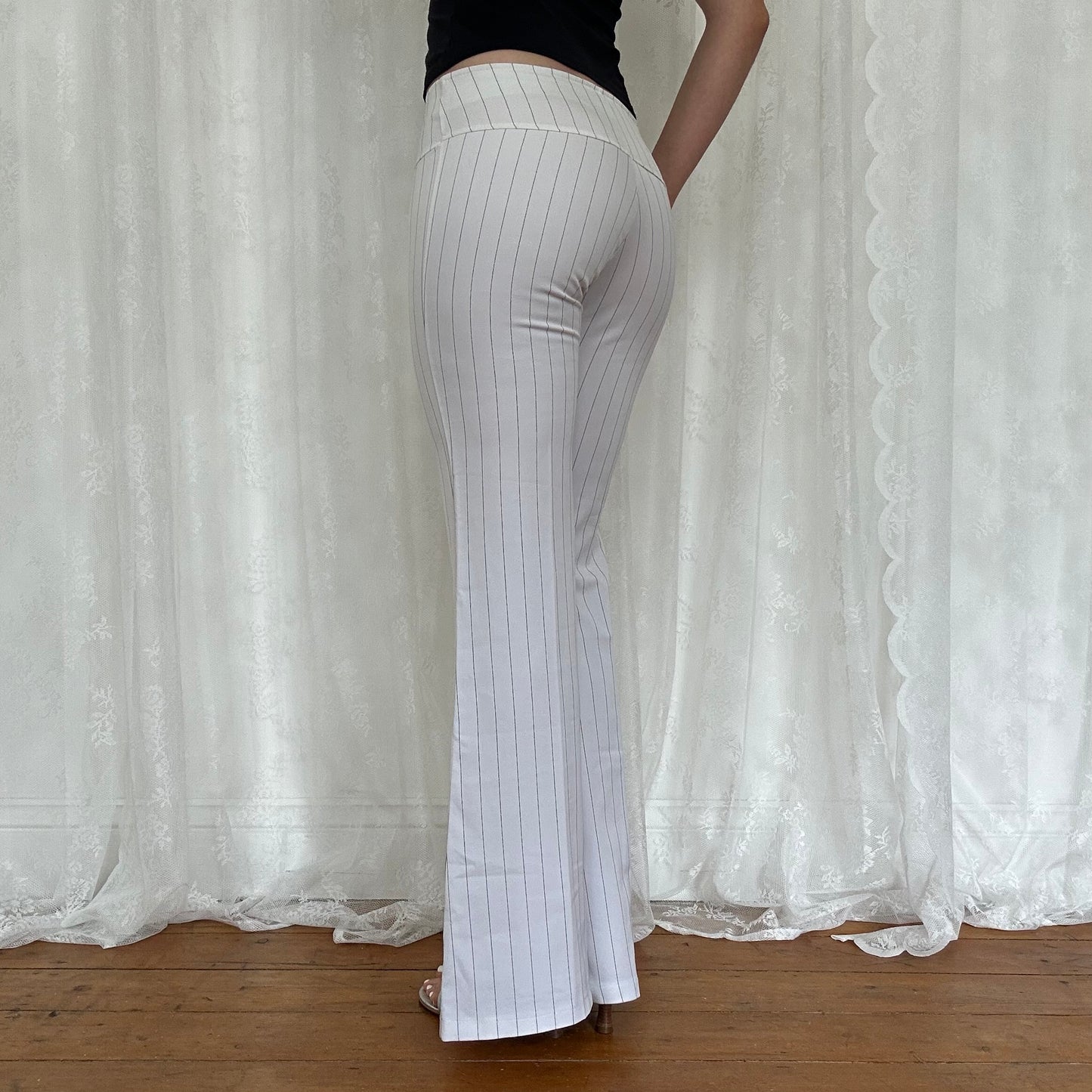 vintage 00s white pinstripe flared trousers