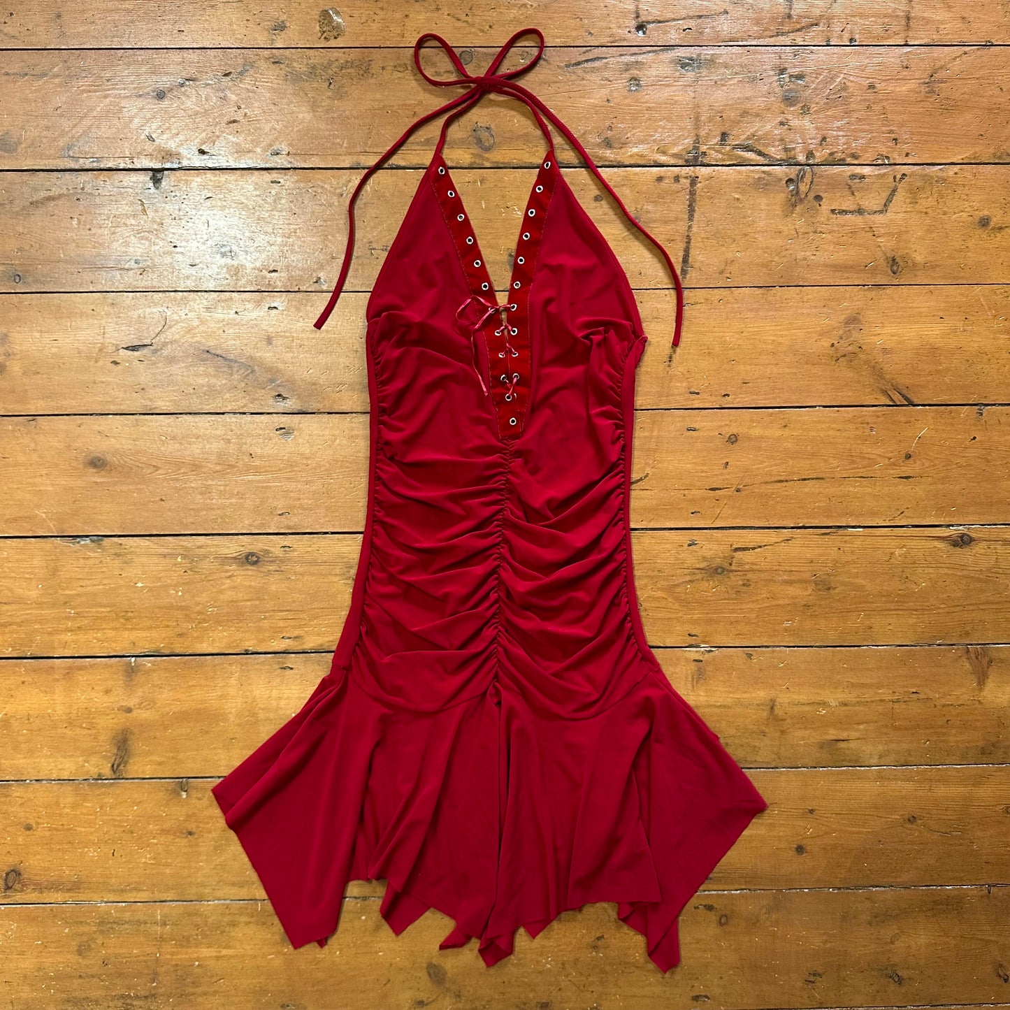 vintage 00s red ruched halter mini dress