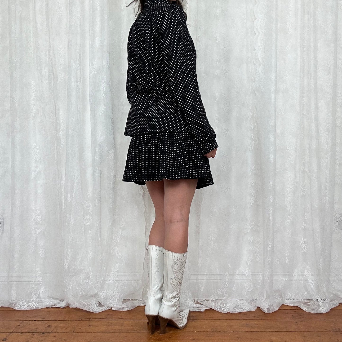 vintage 00s black and white polka dot trench coat and mini skirt co ord