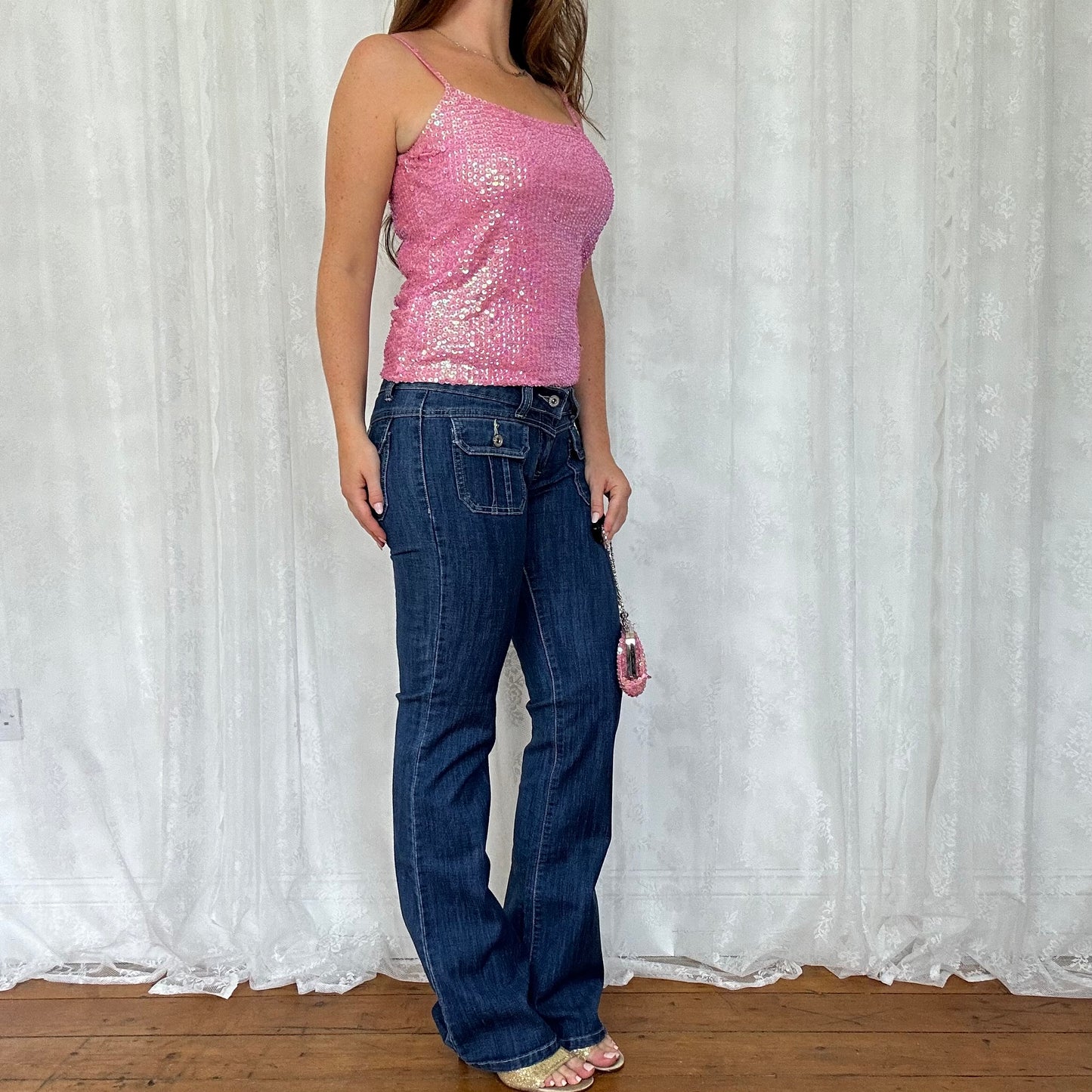 vintage 00s dark denim double pocket low rise flared jeans